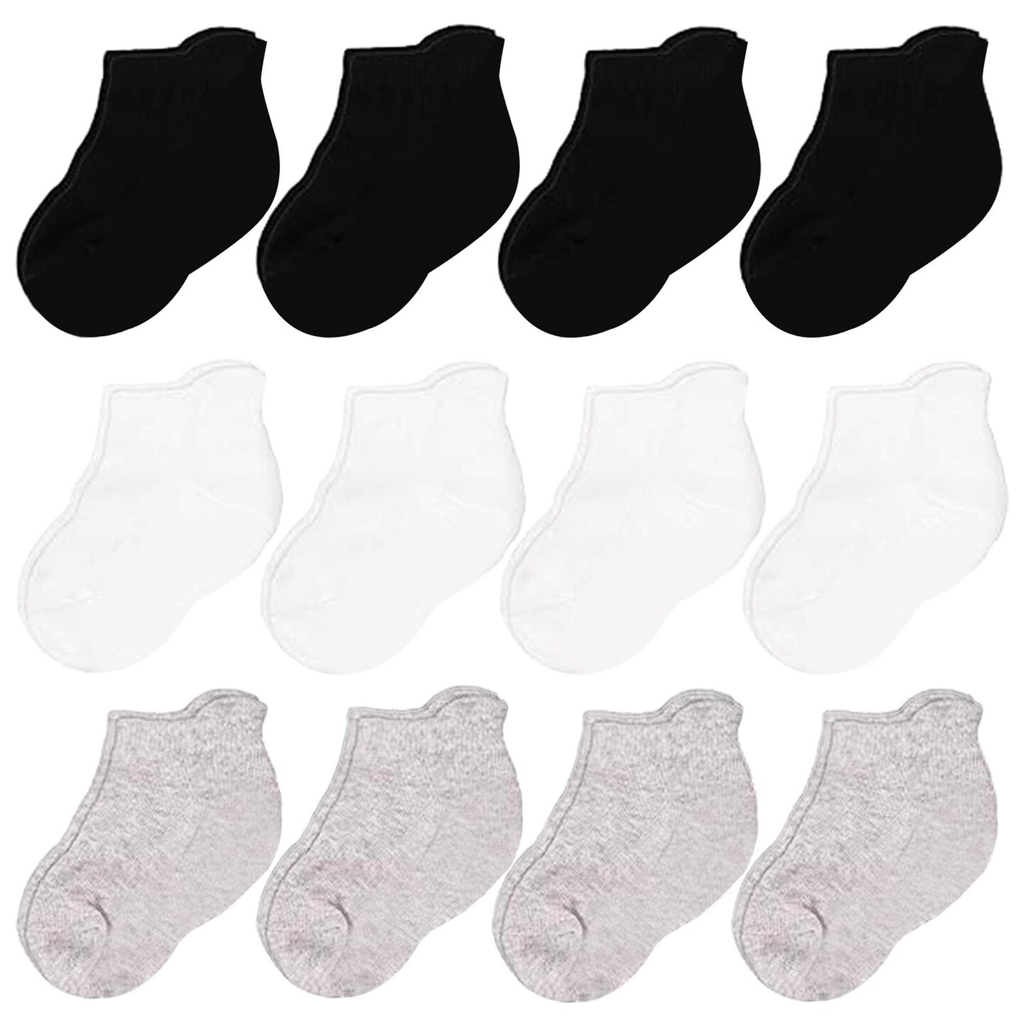 CozyWay Baby & Toddler Ankle Socks - Soft Cotton Comfort Toddler Socks - Smooth Slide-On Fit No Show Style - Adventure-Ready Non-Slip Grip Baby Girl - 3T-5T, Pack of 12, White/Black/Gray