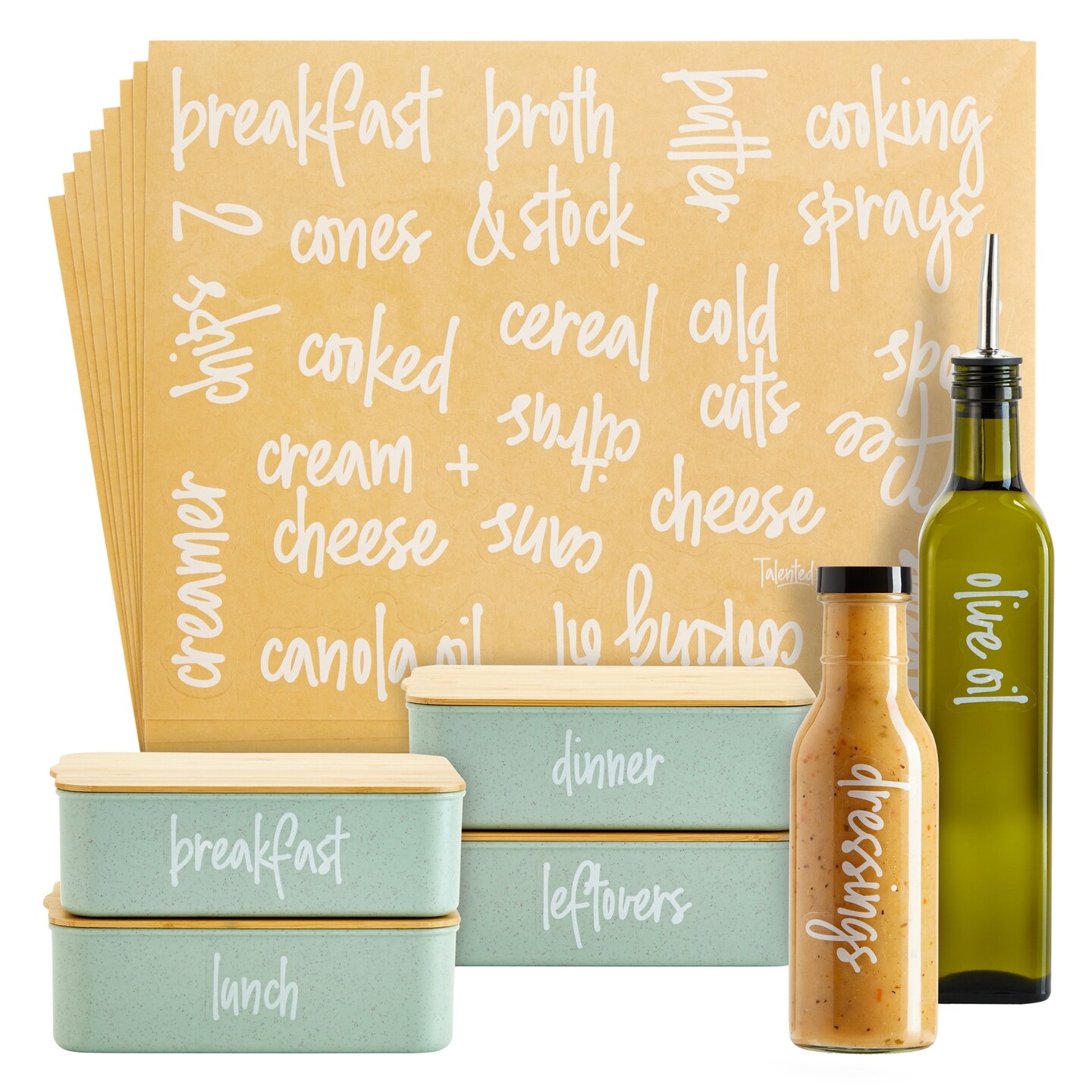 Talented Kitchen Labels for Storage Bins - 158 Count, White Script Vinyl - Removable Waterproof Labels for Food Containers & Pantry, Kitchen & Freezer Organization