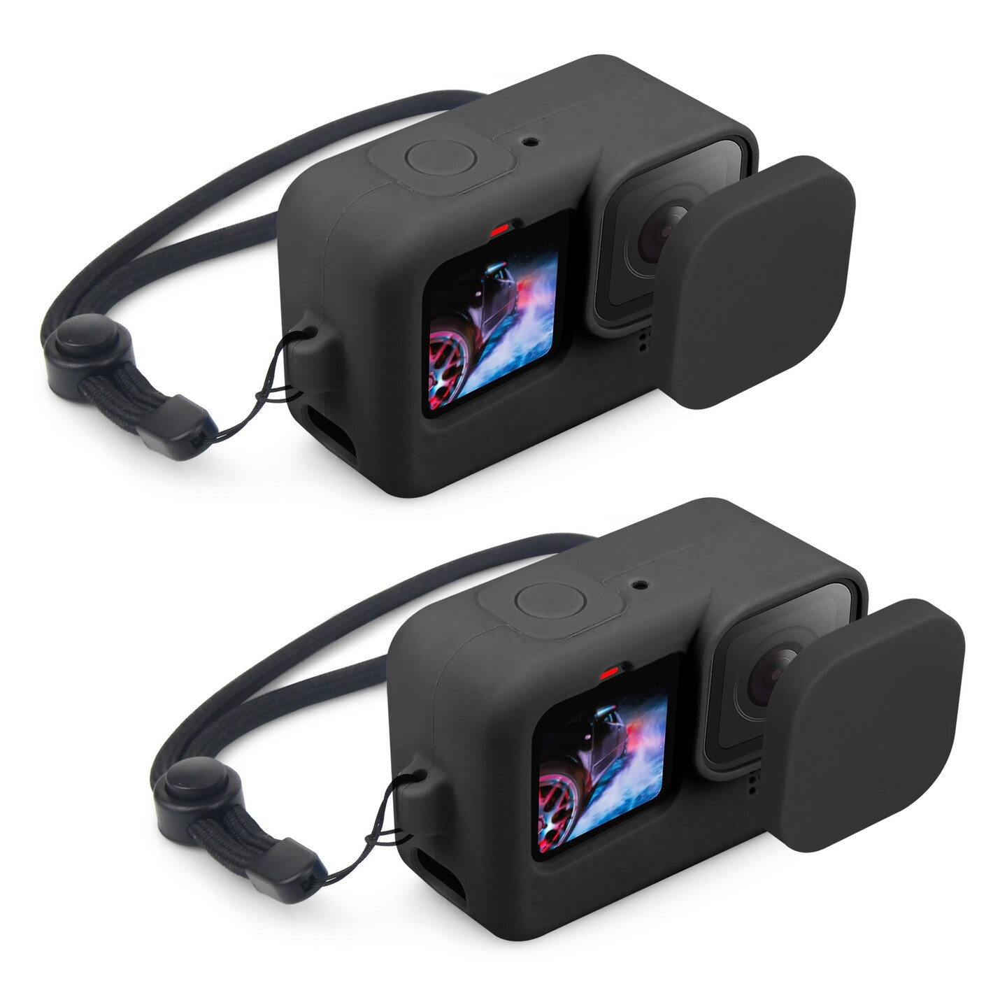 Insten 2 Pack of Silicone Protective Case Compatible with GoPro Hero 9 10 with Lanyard and Lens Cap, Soft Rubber Case, Black