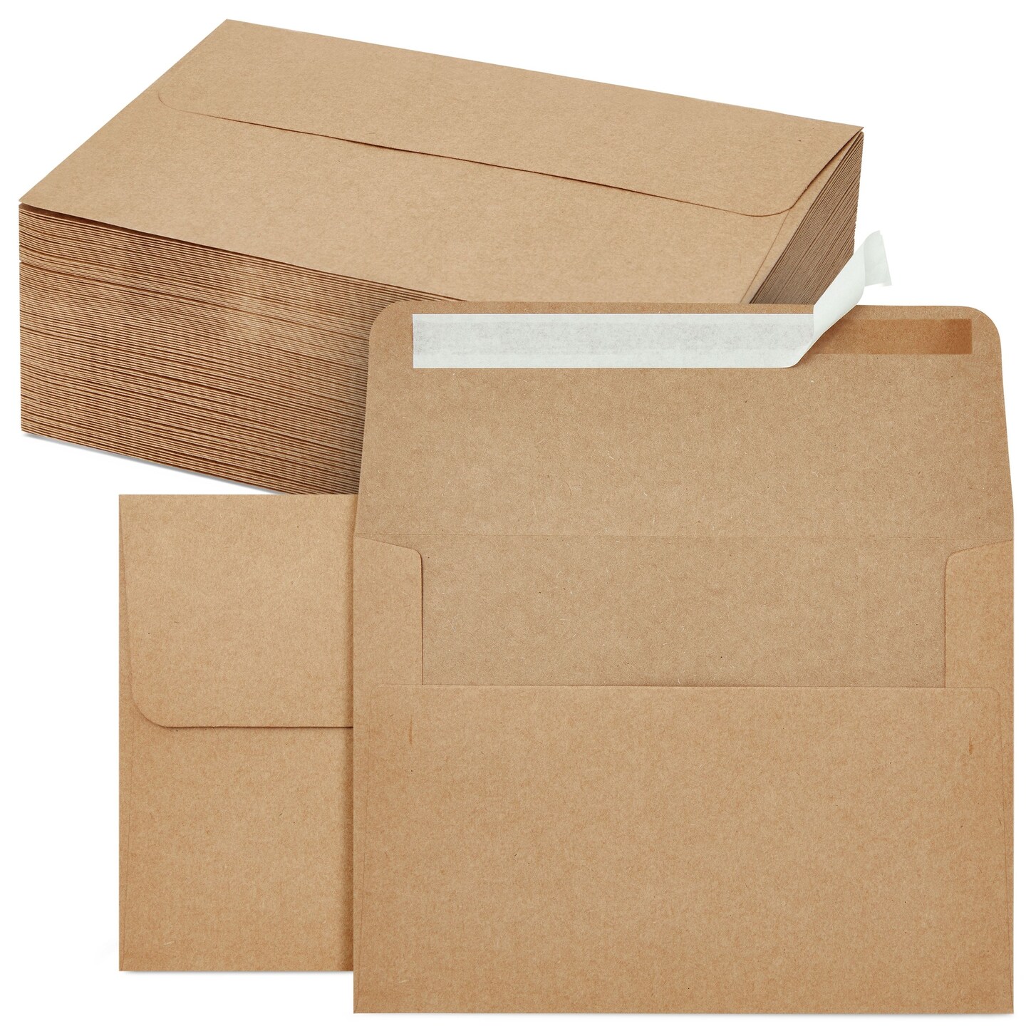 100 Pack Printable A7 Brown Envelopes for 5x7 Cards, Wedding Invitations, Birthday, Graduation, Self-Adhesive Flap for Mailing (5.25 x 7.25 In)