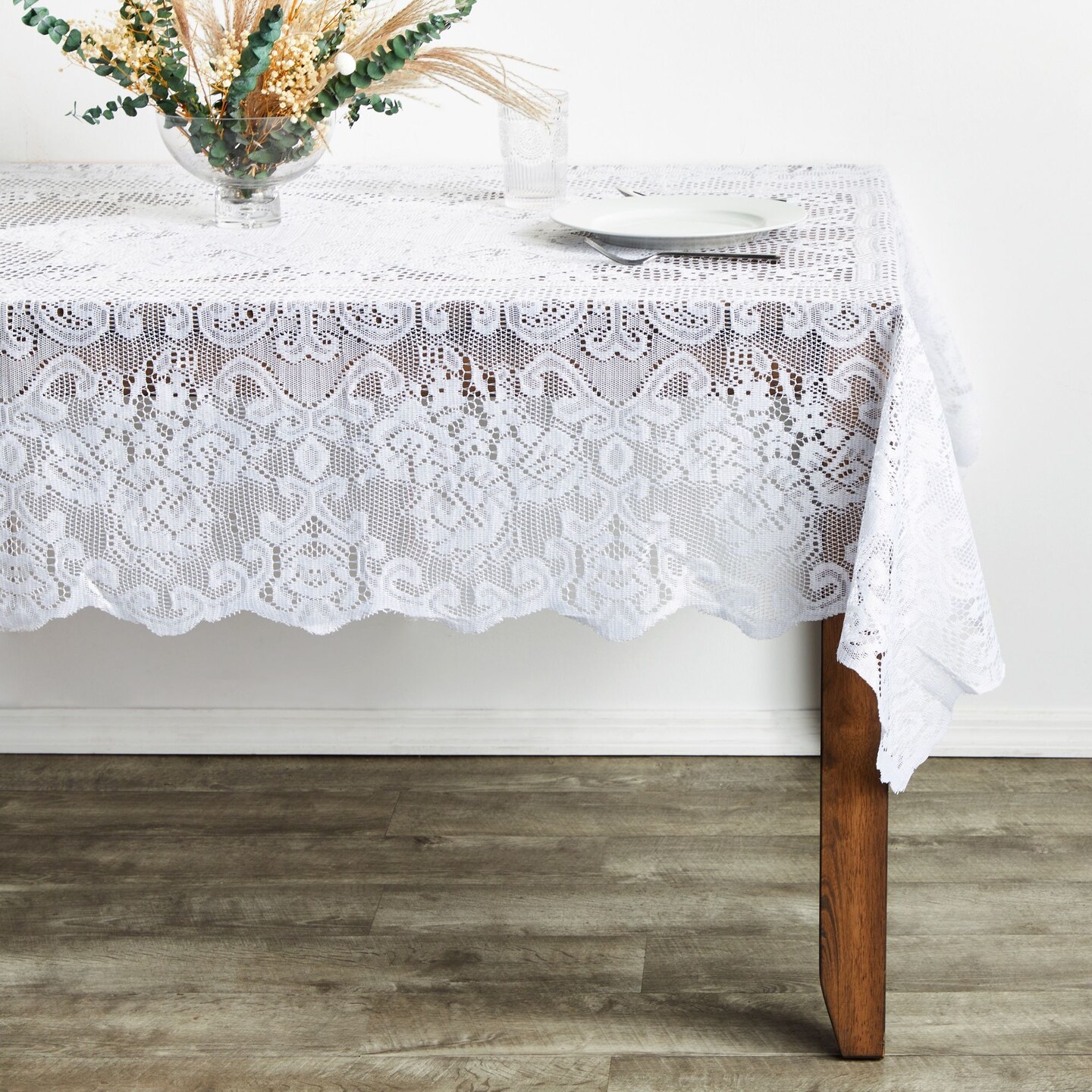 Juvale Rectangular Lace Tablecloth - White Lace, 54 x 72 in Vintage Floral Scalloped Polyester - Wedding & Tea Party Table Cloth & Baby Shower Tablecloth
