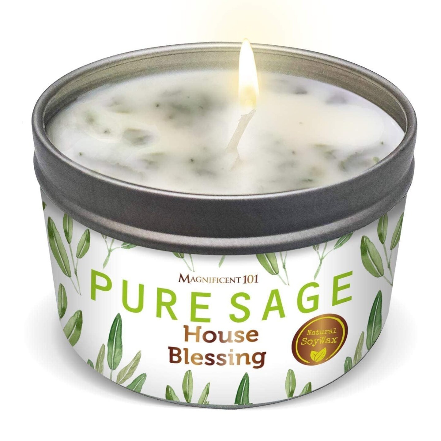 Magnificent 101 Long Lasting Pure White Sage Smudge Candle - 6 Oz - 35 Hour Burn Time | Smoke Free Candle to Cleanse Your Home &#x26; Banish Negative Energy