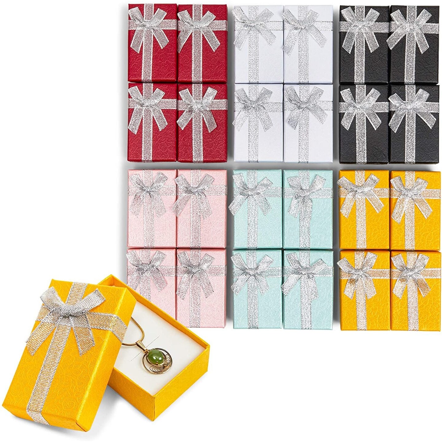 Bright Creations Bulk Jewelry Gift Box Set - 2 x 3 x 1 In, 24-Pack (6 Colors) - Cardboard With Ribbon Bows & Removable Cushions - Mini Jewelry Packaging for Rings, Earrings & Necklaces