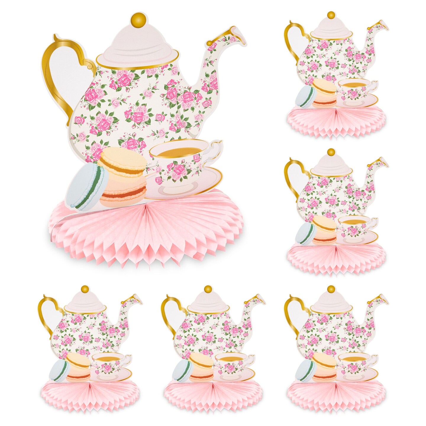 6 Pack Floral Teapot Honeycomb Decorations for Kids Birthday, Garden Tea Party Centerpieces for Tables, Vintage Teapot Vase Decors for Baby Shower and Wedding, Gift for Girls &#x26; Women (9.8 x 11 In)