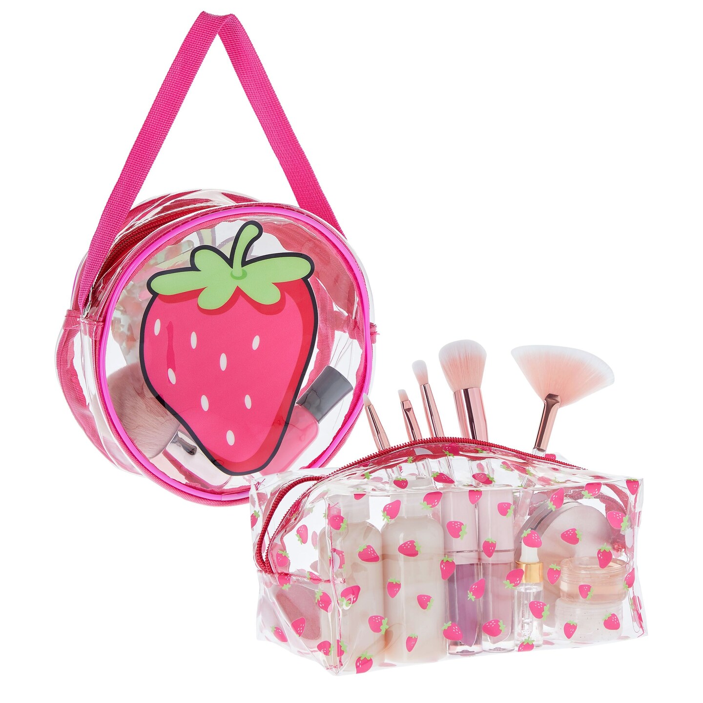 Set of 2 Strawberry Makeup Bag for Face Powder, Mascara, Lipgloss, Clear Travel Bags for Toiletries (2 Designs)