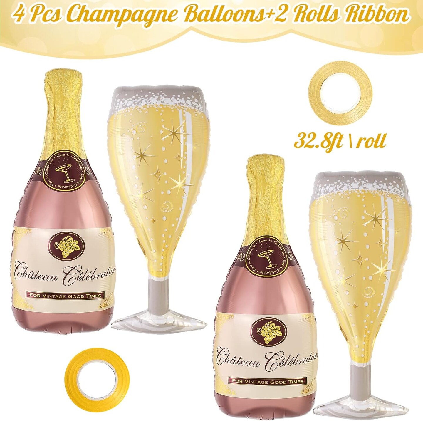 Champagne Wine Bottle Balloons, 4 Pcs Champagne Glass Foil Balloons, Large Wine Mylar Balloons for Engagement Bridal Shower Wedding Bachelorette Birthday Party Decoration