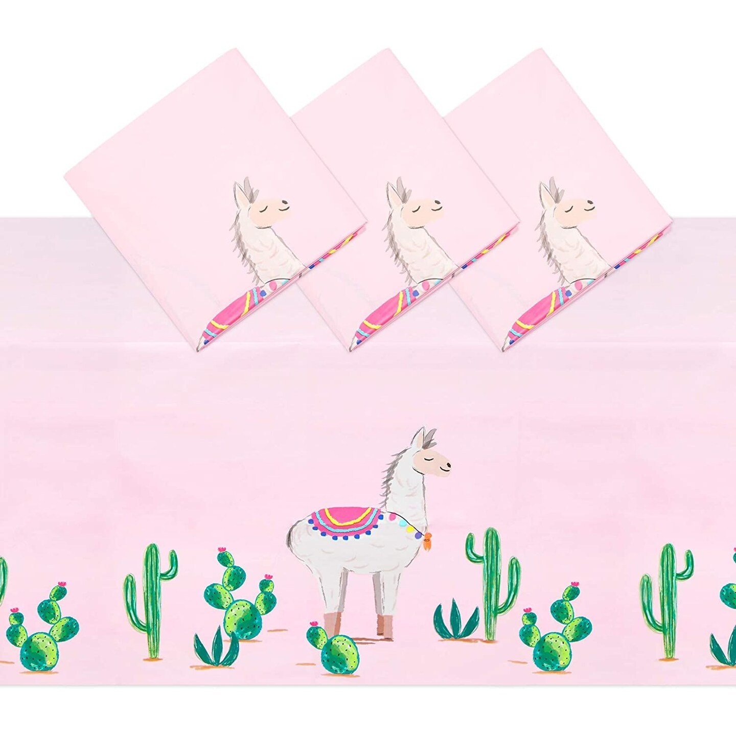 Pink Plastic Tablecloth for Llama Birthday Party (54 x 108 in, 3 Pack)