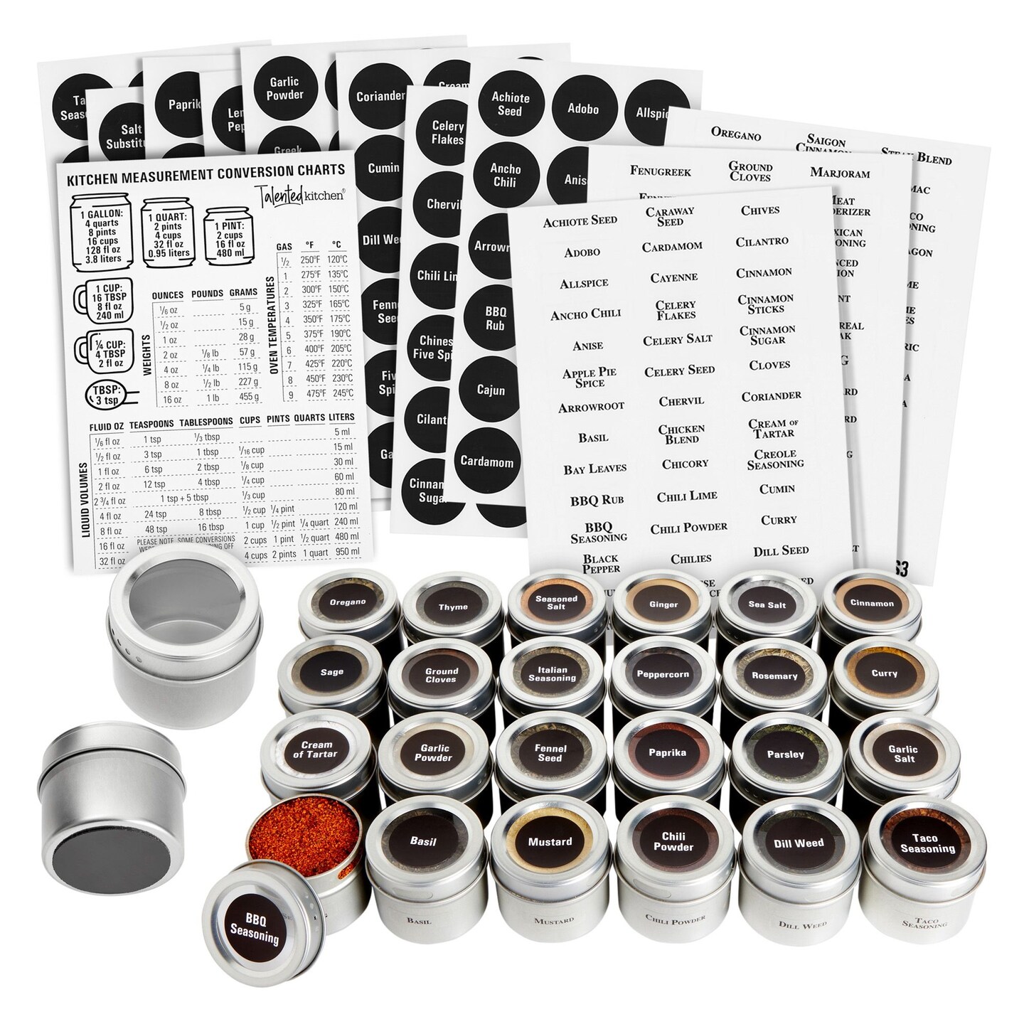 Talented Kitchen Magnetic Spice Jars for Refrigerator - 3oz Metal Spice Containers with Sift-and-Pour Lids (24 Magnet Jars, 269 Preprinted Labels, 2 Label Styles)