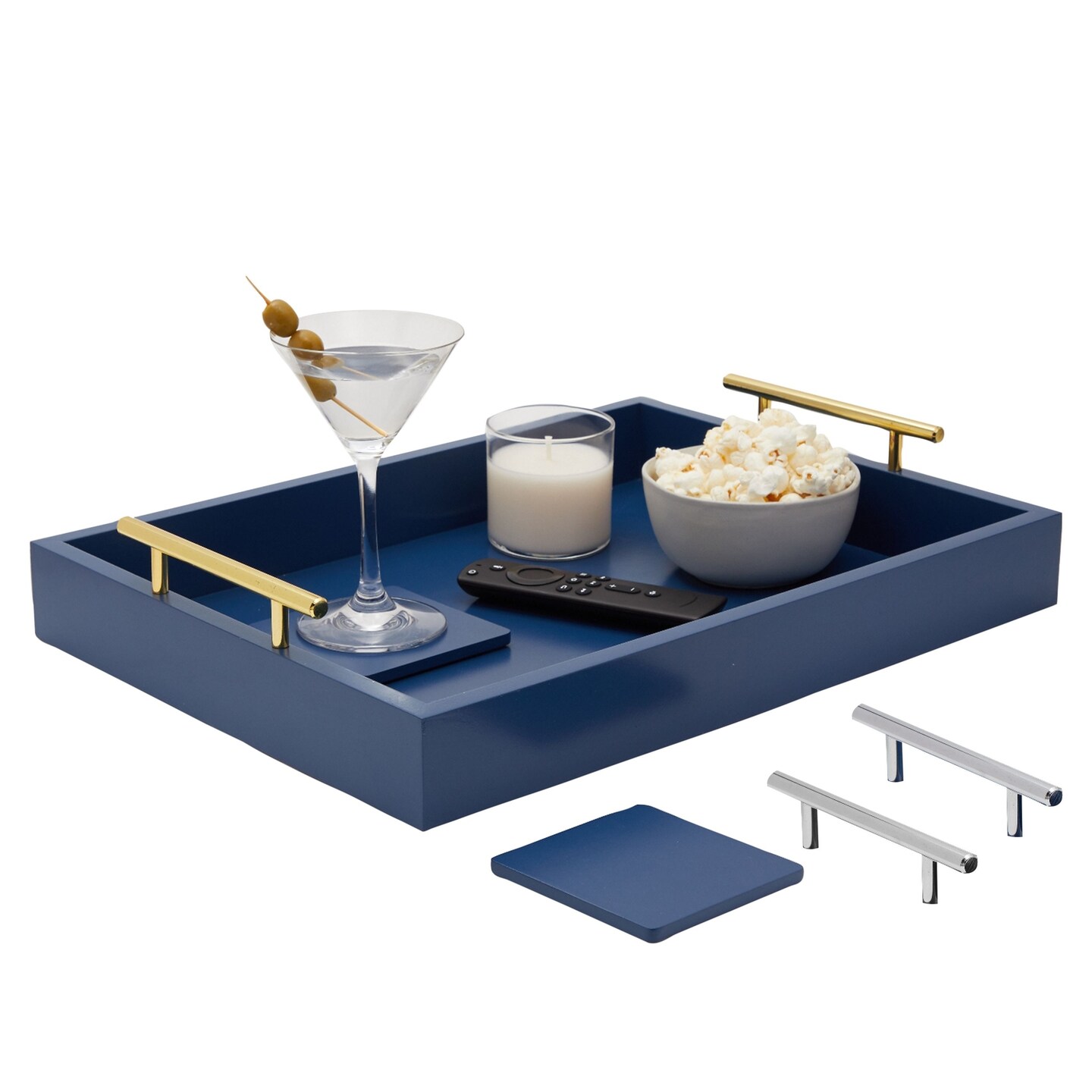 Blue Serving Tray for Coffee Table, 16x12&#x22; with Coasters, Decorative Interchangeable Gold and Silver Handles