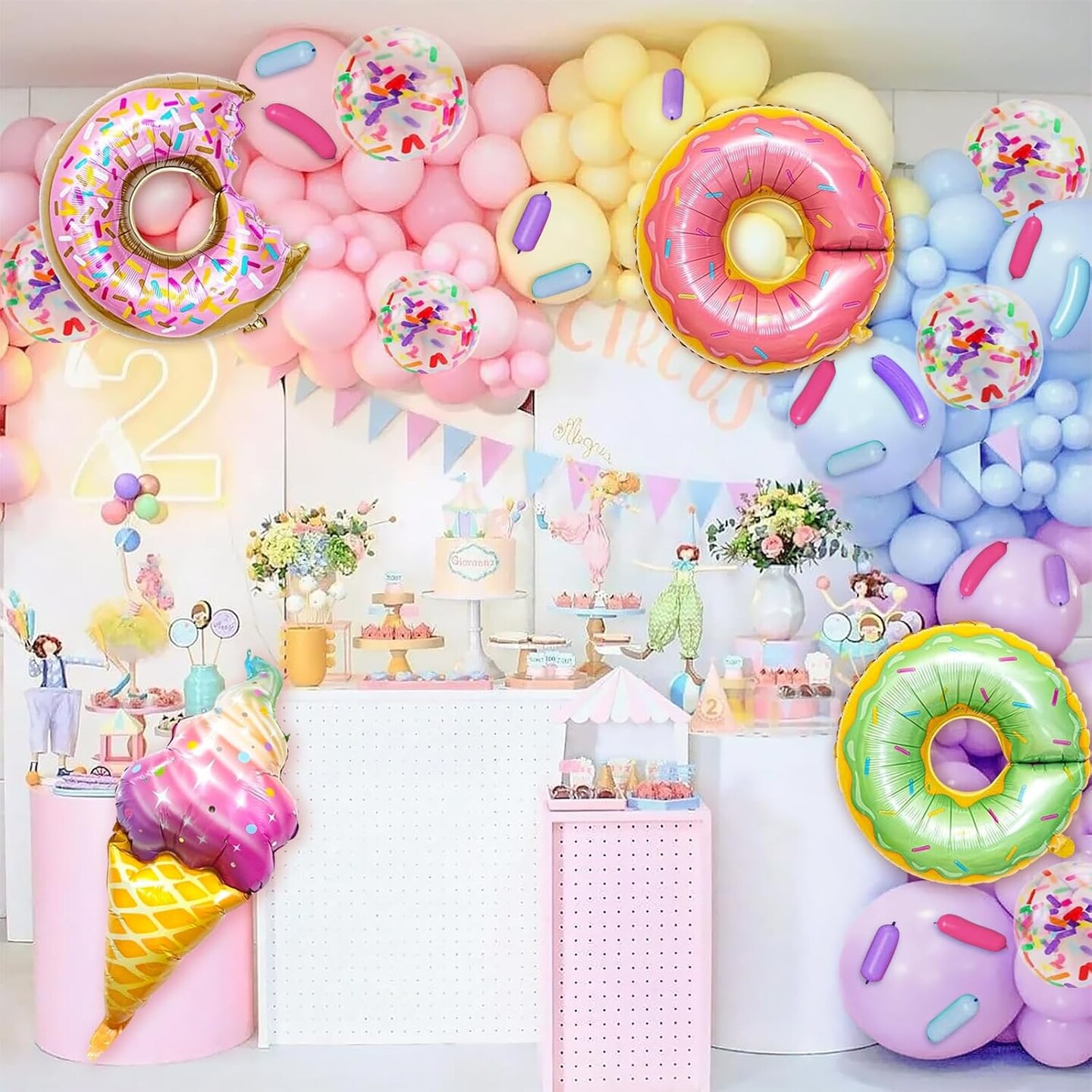 163PCS Pastel Donut Balloon Arch Garland Kit, with Pastel Rainbow Balloon, Sprinkle Confetti and Ice Cream Foil Balloons for Sweet One Donut Grow Up First Birthday Party Theme Baby Shower Decor
