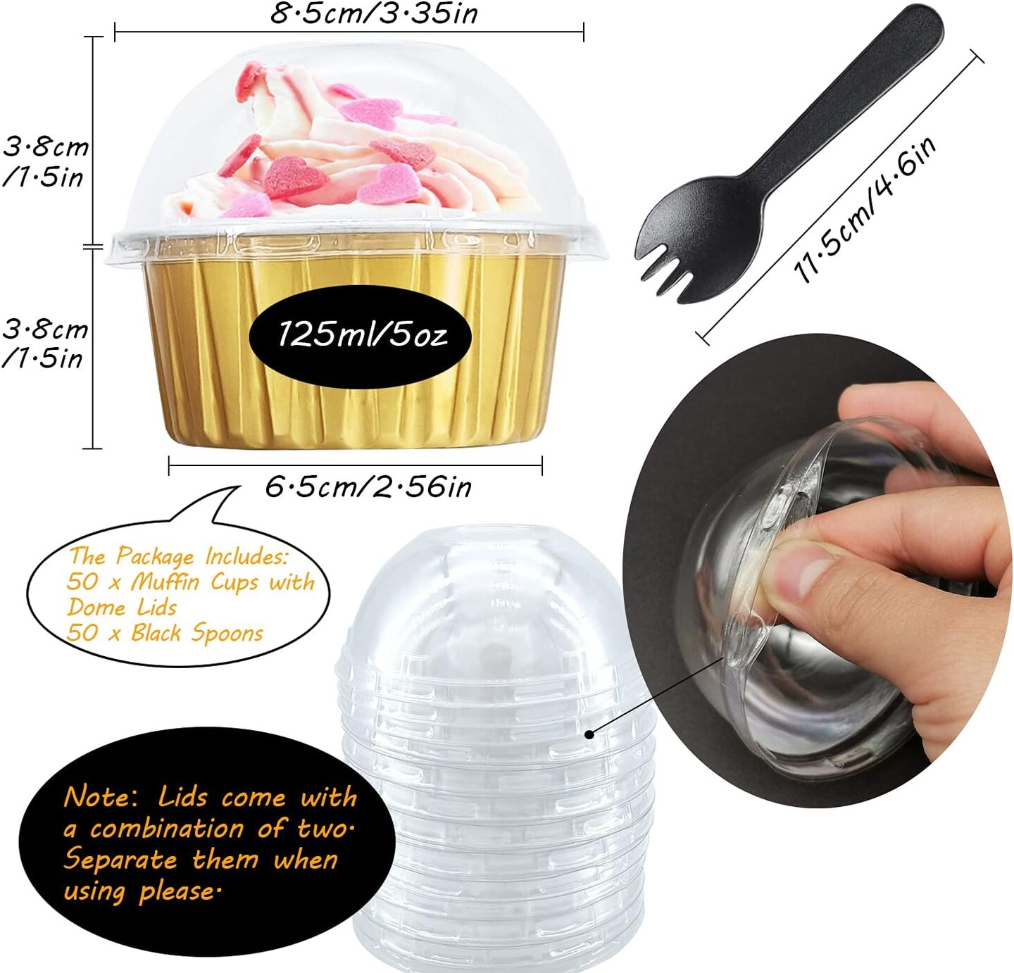 Cupcake Liners with Dome Lids 50 Pack,Free-Air 5oz Foil Baking Cups Muffin Tins,Disposable Ramekins Jumbo Muffin Liners for Wedding Birthday Party,with 50 Spoons-Gold