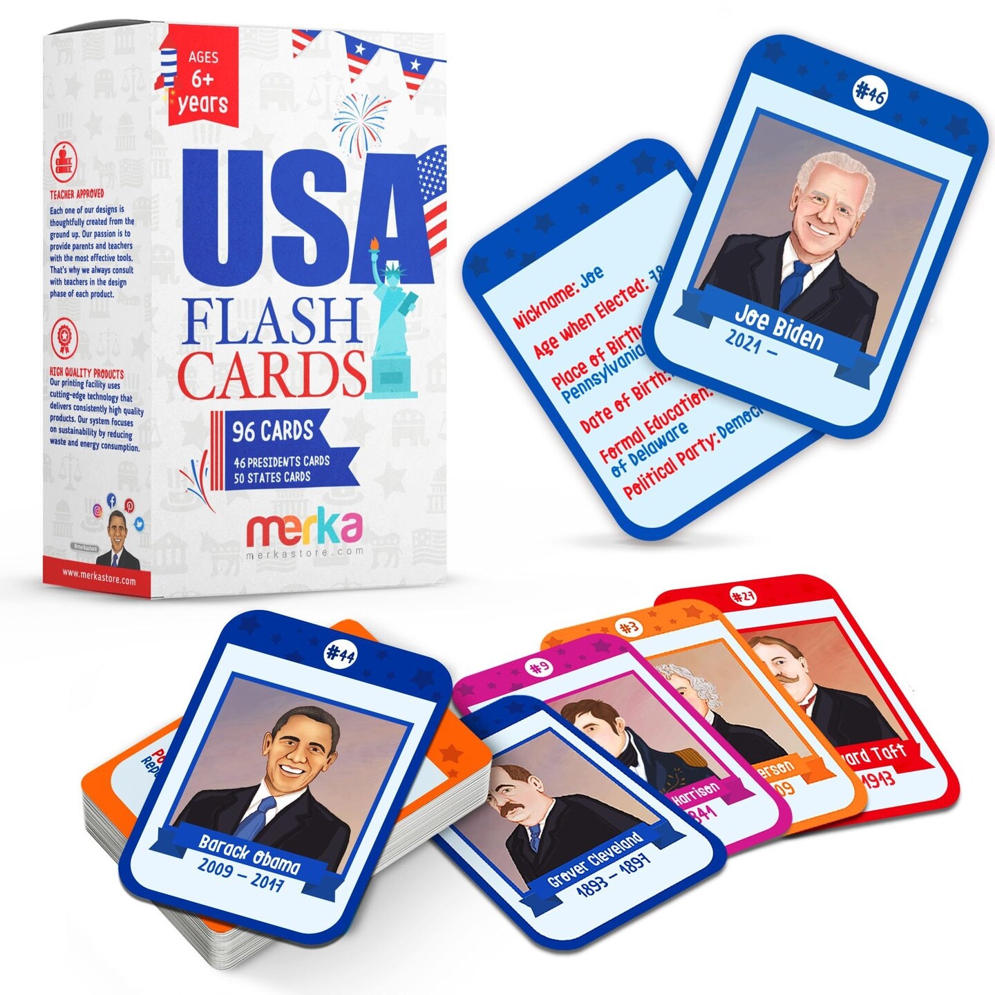 Merka 96 Pack US Presidents Flash Cards, US States and Capital Flash Cards for Kids Learning 50 States and 46 USA Presidents, Great Historic and Geography Facts, Ages 4-14