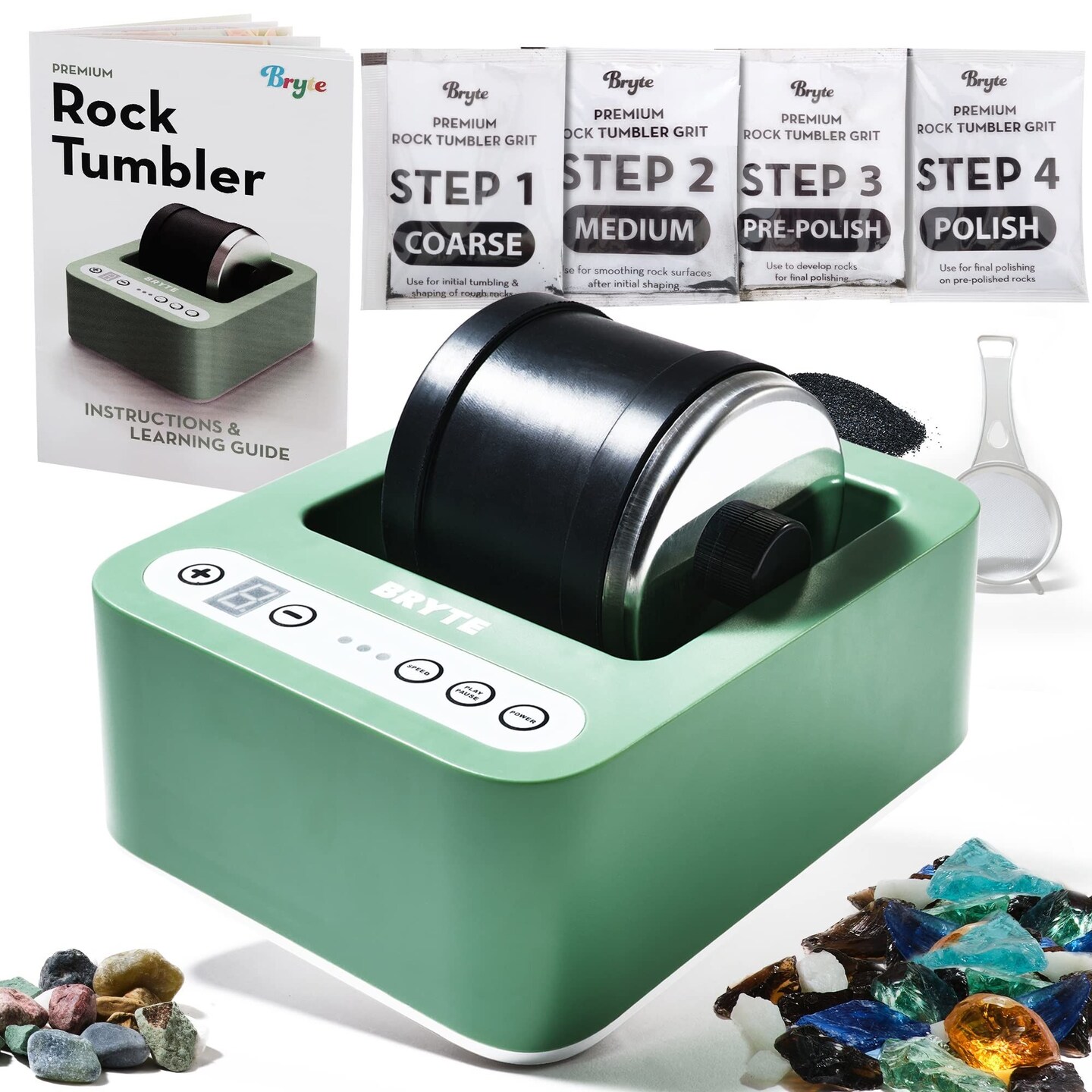 BRYTE Rock Tumbler Kit, 3 Speeds & Digital 9-Day Polishing Timer, Dual Injection, Self-Cooling Premium Motor, Professional Grade Rock Polisher for Kids Ages 8-14, Green