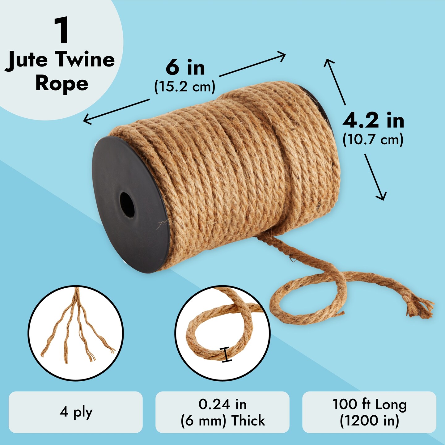 100 Feet Jute Rope for Crafts, 6mm Thick Braided Twine for Nautical Decor (Brown)