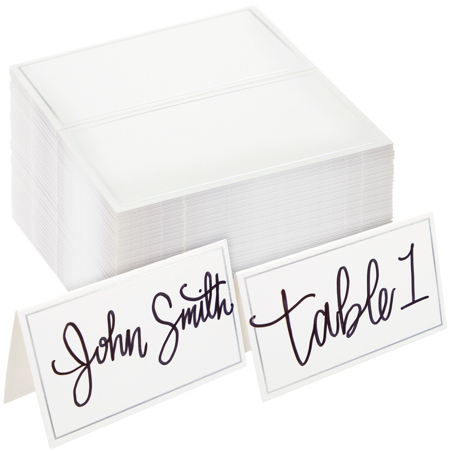 100 Pack Silver Foil Border Place Cards for Table Setting, 3.5 x 2 In Blank Name Cards for Wedding, Baby Showers, Banquets, Reserved Seating, Accessories for Events