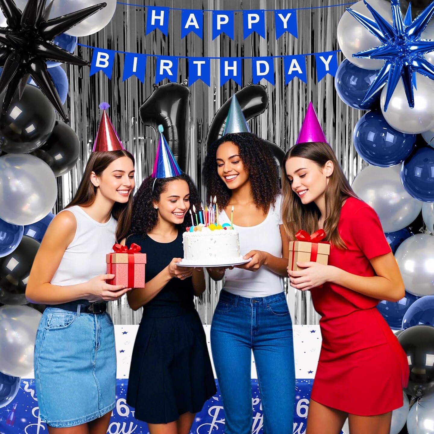 16th Birthday Decorations for Boys and Girls, Blue and Silver 16th Birthday Party Decorations, HAPPY BIRTHDAY Banner Black Number 16 Balloons Garland 16 Years Old Bday Party Supplies with Tablecloth