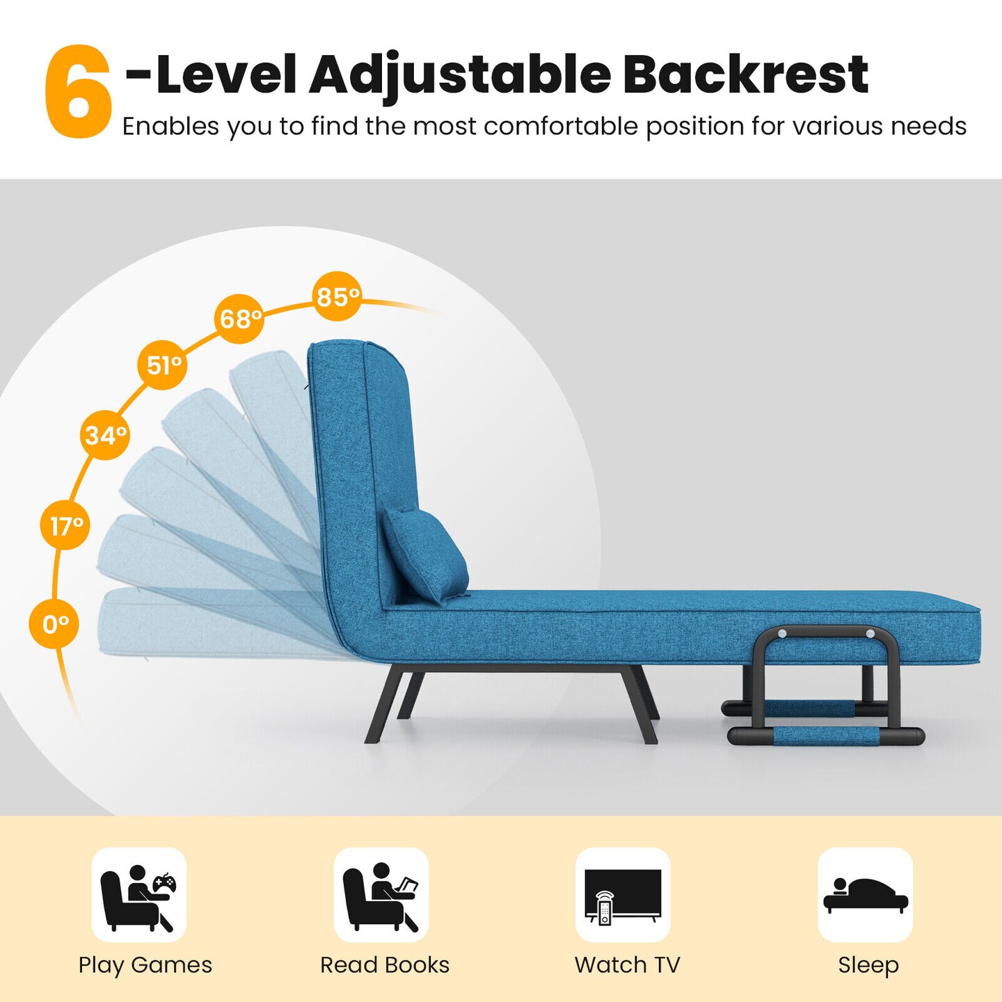 3-in-1 Versatile 6-Positon Adjustable Sleeper Bed with Padded Seat and Back
