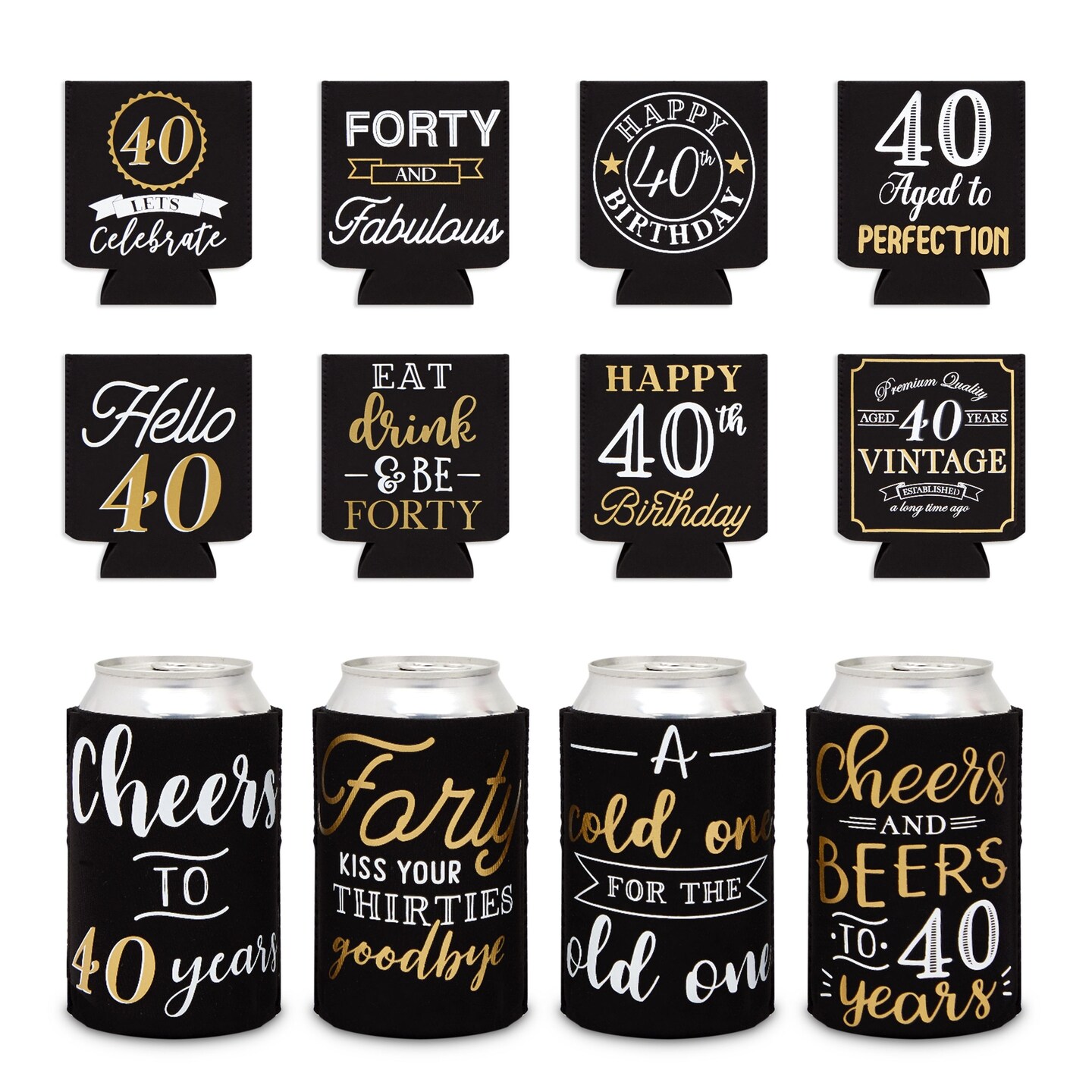 12-Pack Can Cooler Sleeves, 12 Assorted Designs Insulated Neoprene Holder Party Supplies - 40th Birthday