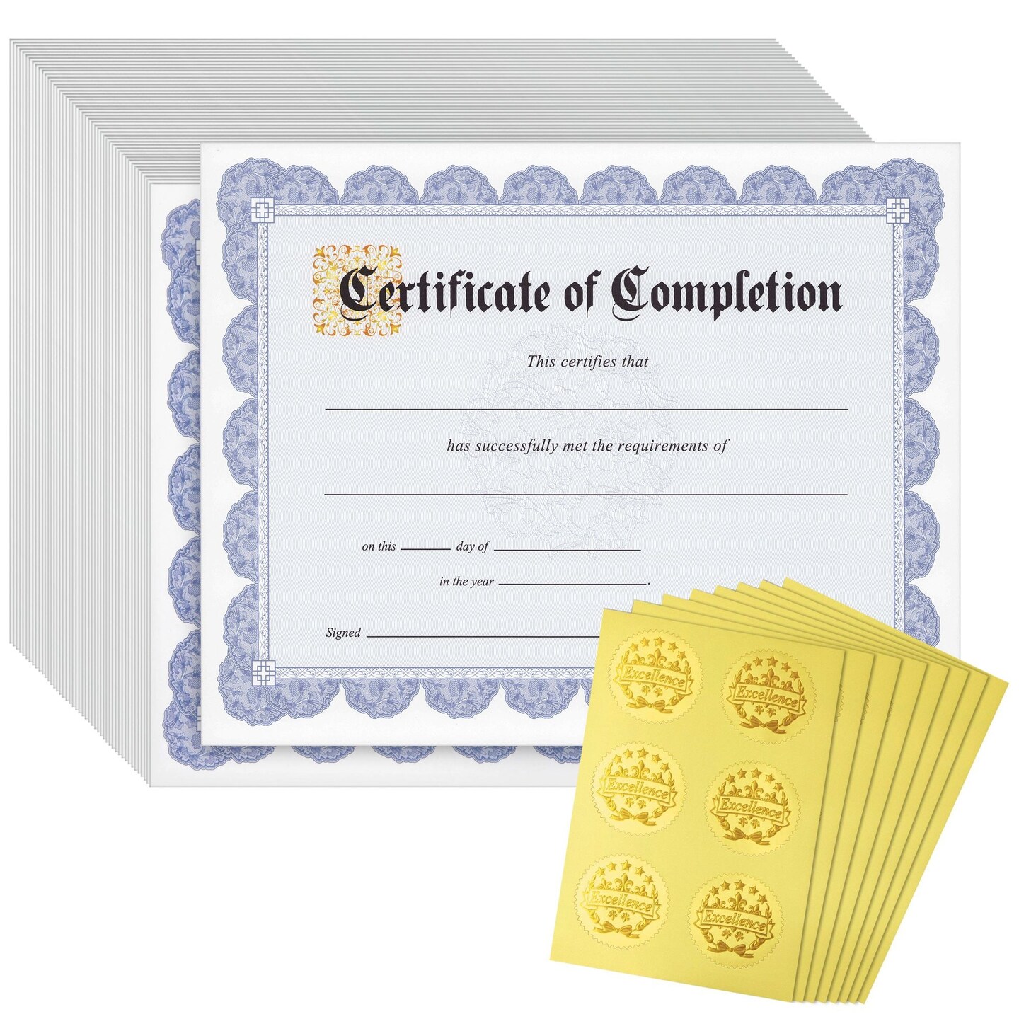 48 Sheets Blue Floral Certificate of Completion Paper for Printing with Gold Foil Sticker Seals - Customizable with Border for Graduation, Diploma, Awards, Recognition Documents (8.5 x 11 in)