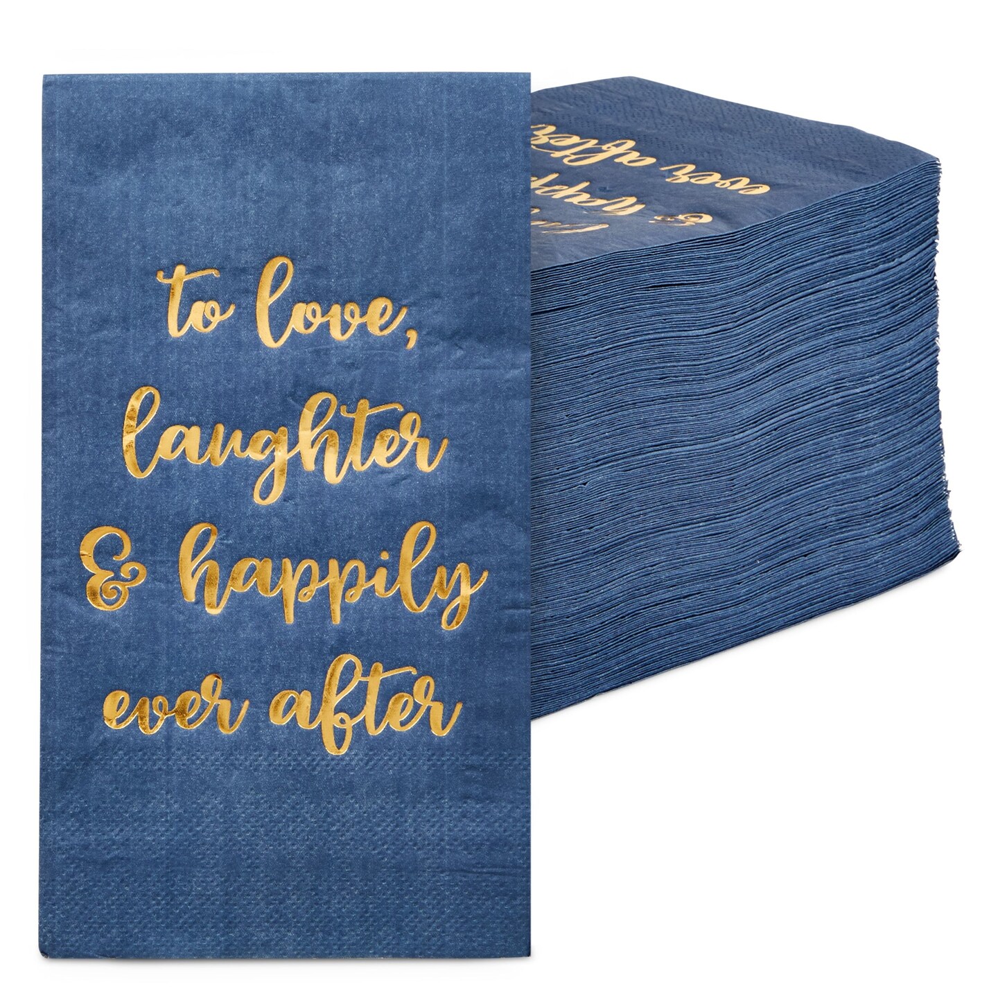100-Pack Navy Blue Napkins for Wedding Reception with &#x22;To Love, Laughter &#x26; Happily Ever After&#x22; in Gold Script (3-Ply 4x8 in)