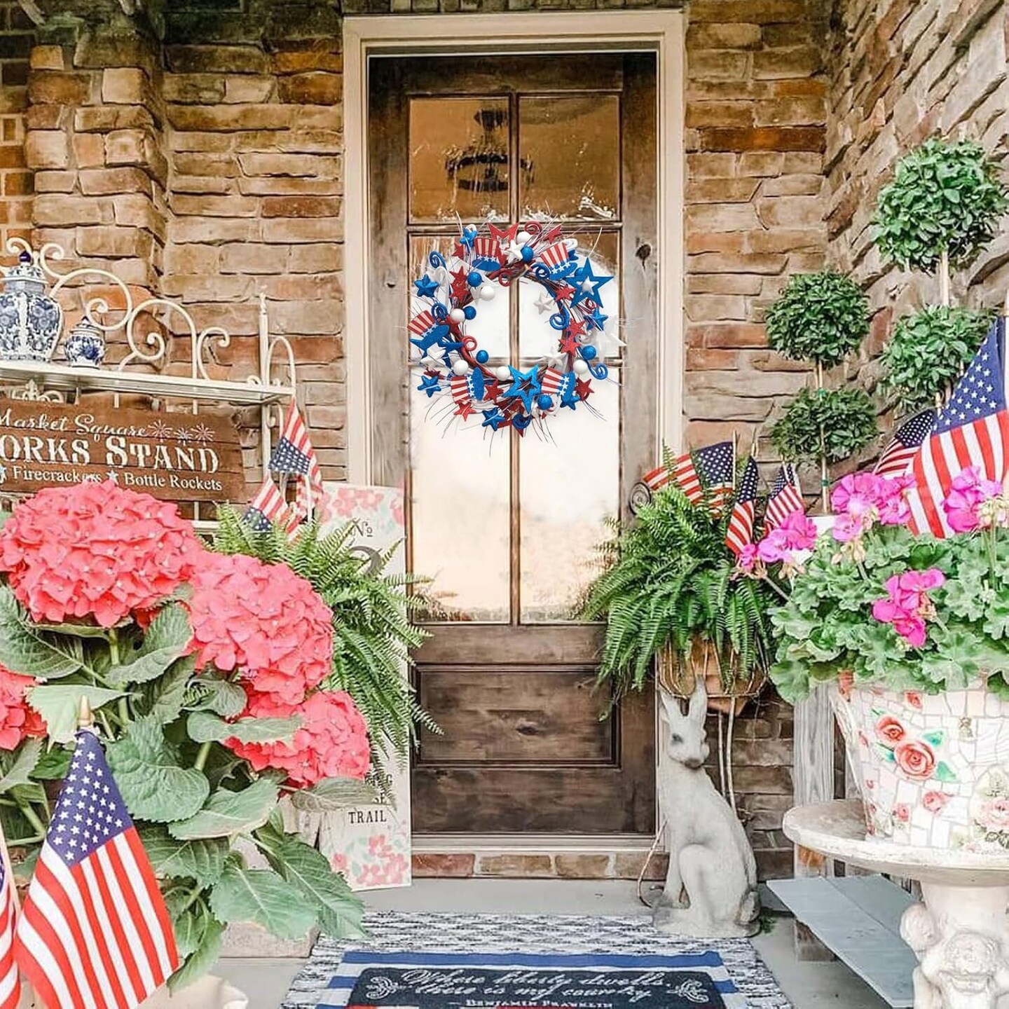 18in Red White Blue Artificial Floral Twig Wreaths American Flag Wreath Wall Decor