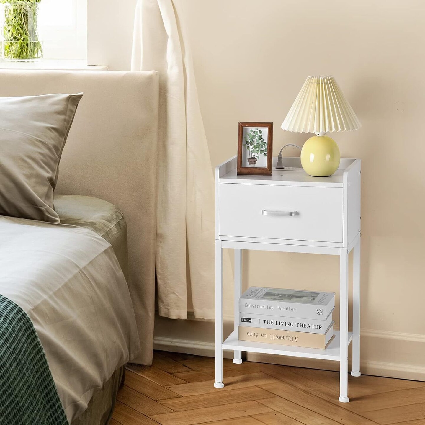 Nightstand with Charging Station &#x26; Storage Drawer, Retro Bedside Table with USB Ports, AC Outlets, and Adjustable Feet - Compact Bedside Cabinet for Small Spaces (23.6&#x22; H)