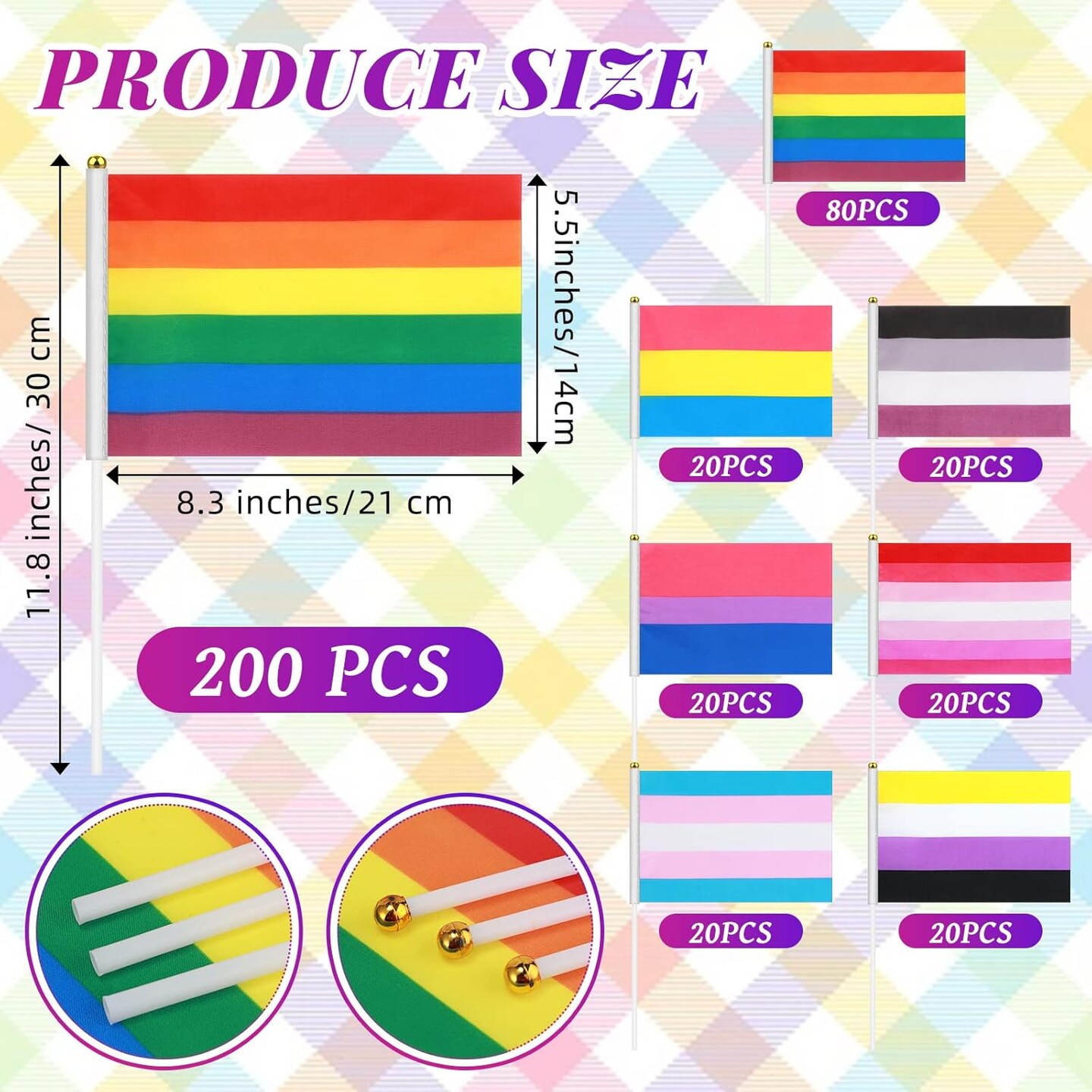 200 Pcs Rainbow Pride Flag Set Small Mini Gay Hand Held Pansexual Bisexual Trans Lesbian Flag Fade Resistant and Vivid Colors for Nonbinary Asexual LGBT Party Decorations, 5.5 x 8.3 Inch