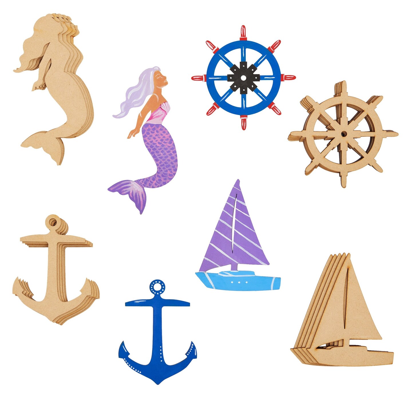 24 Pieces Unfinished Nautical Wood Cutouts for Crafts, Wooden Sailboat, Mermaid, Anchor, Ship Wheel for DIY Projects