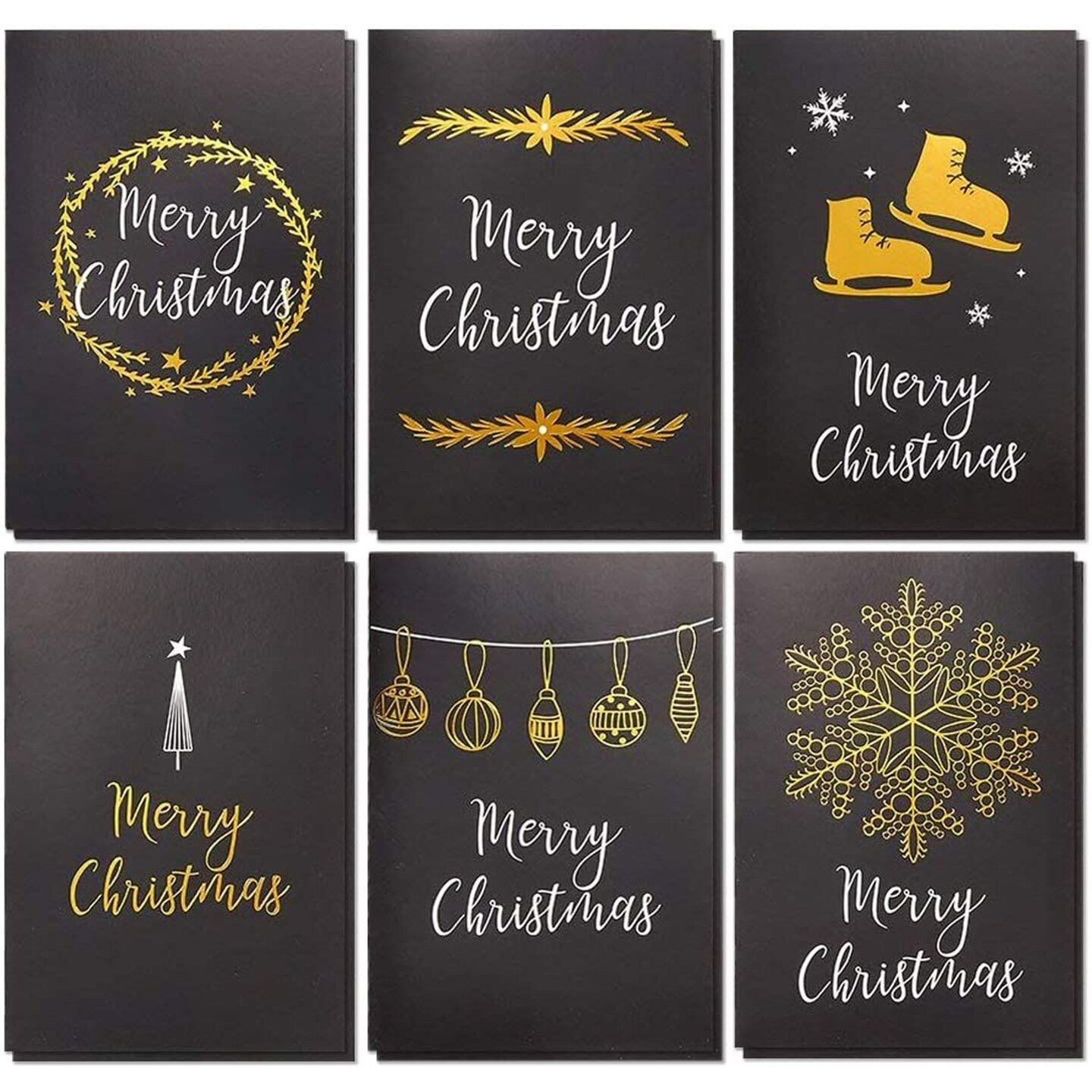 36-Pack Merry Christmas Greeting Cards Bulk Box Set - Winter Holiday Xmas Greeting Cards in 6 Black Designs with Gold Foil Accents, Envelopes Included, 4 x 6 Inches