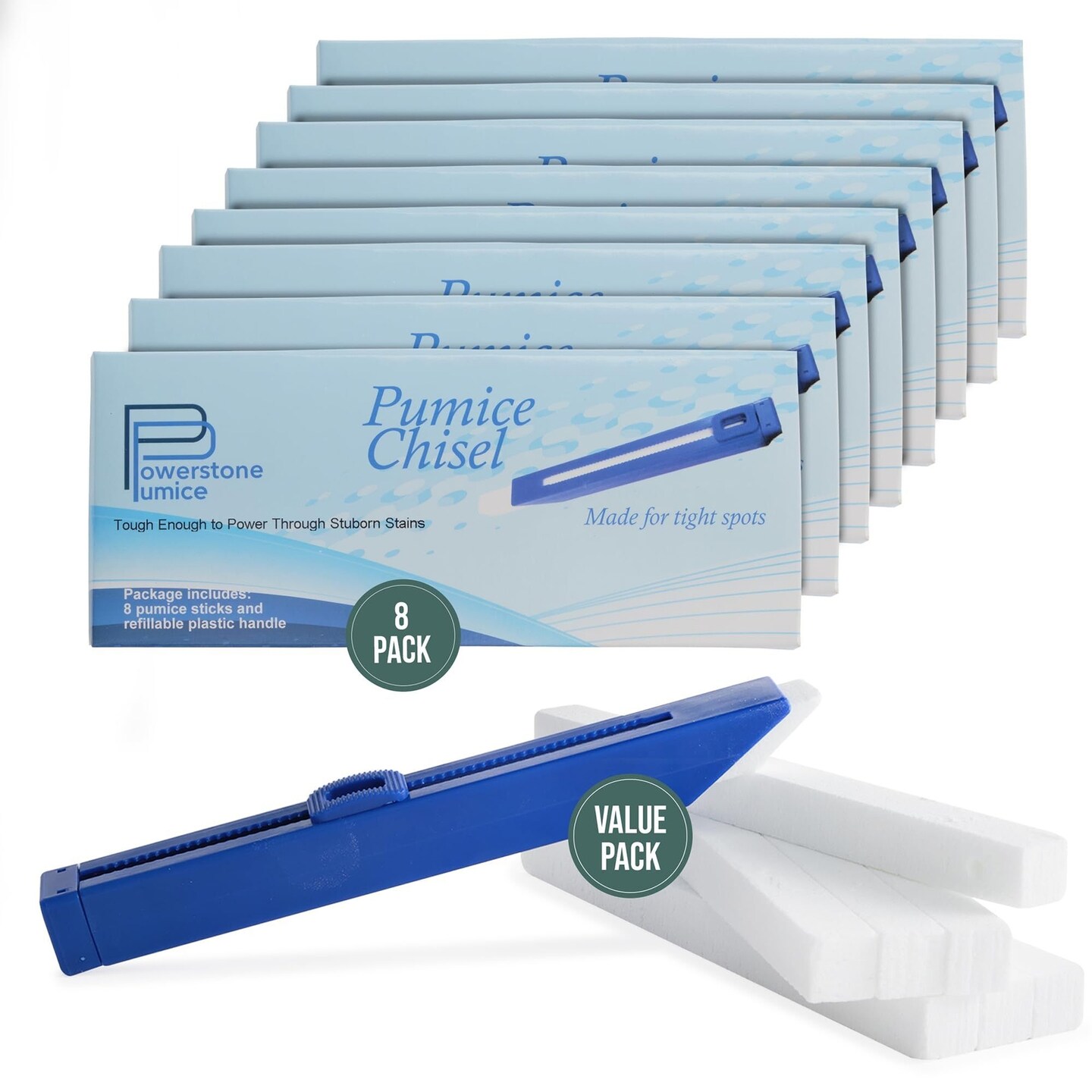 Powerstone Pumice Long Lasting Chisel Sticks - 8 Pack | Refillable Case with 8 Scouring Sticks to Remove Stains, Limescale & Carbon Buildup from Stoves, Ovens, BBQ Grills, Sinks, Tiles, Toilets & More