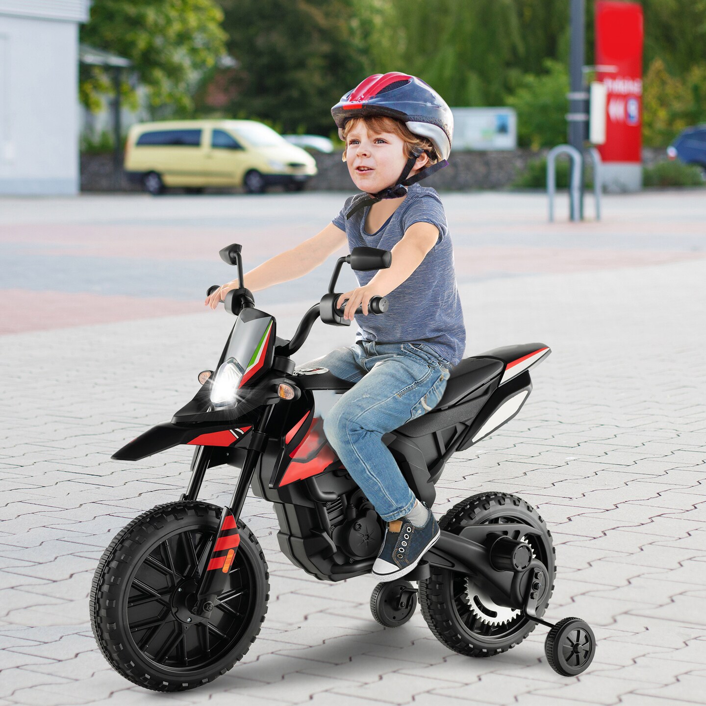 Metal 12V Kids Motorcycle with Dual Motors, Music and Training Wheels