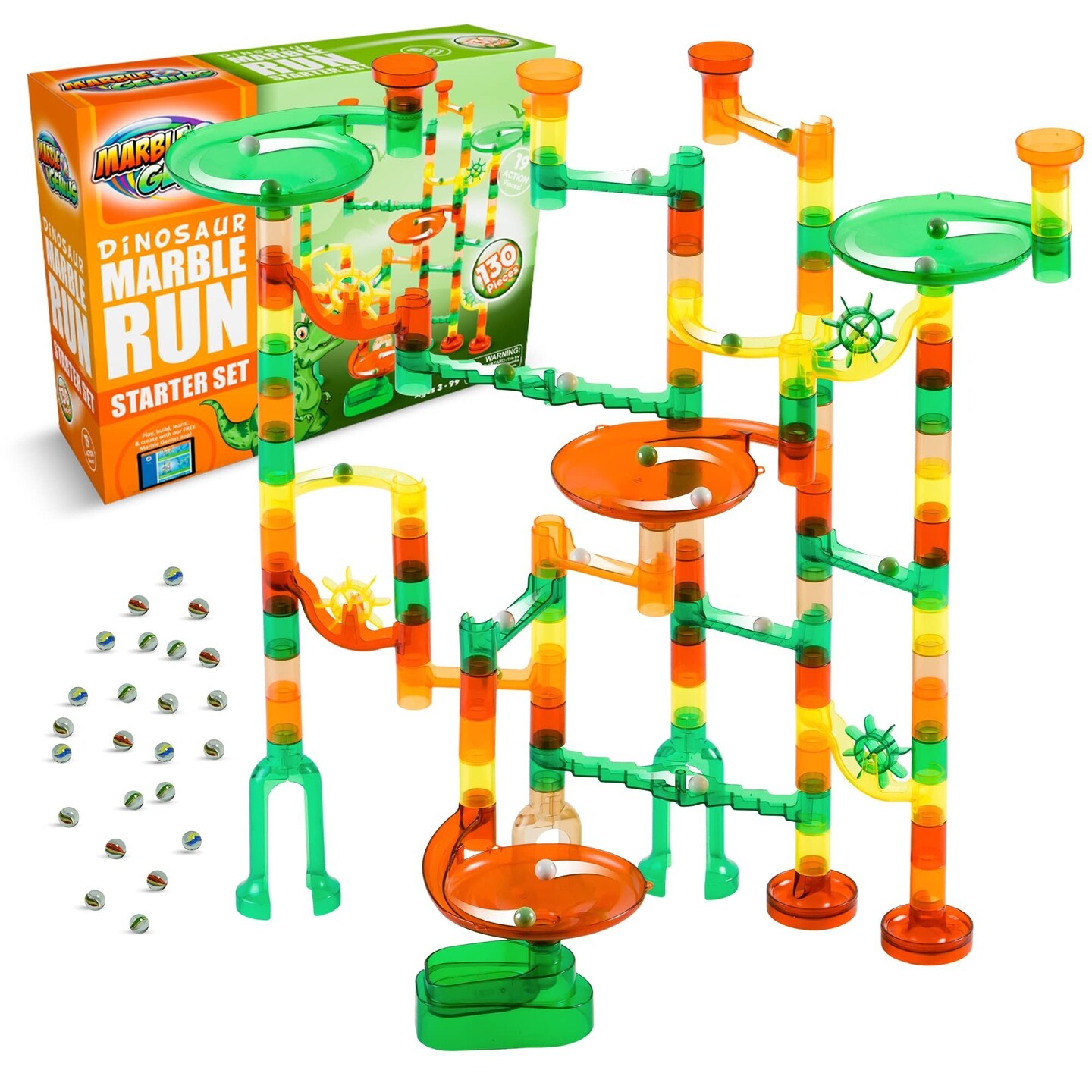 Marble Genius Marble Run Starter Set STEM Toy for Kids Ages 4 - 12 - 130 Complete Pieces (80 Translucent Marbulous Pieces and 50 Glass Marbles), Construction Building Block Toys, Theme (Dinosaur)