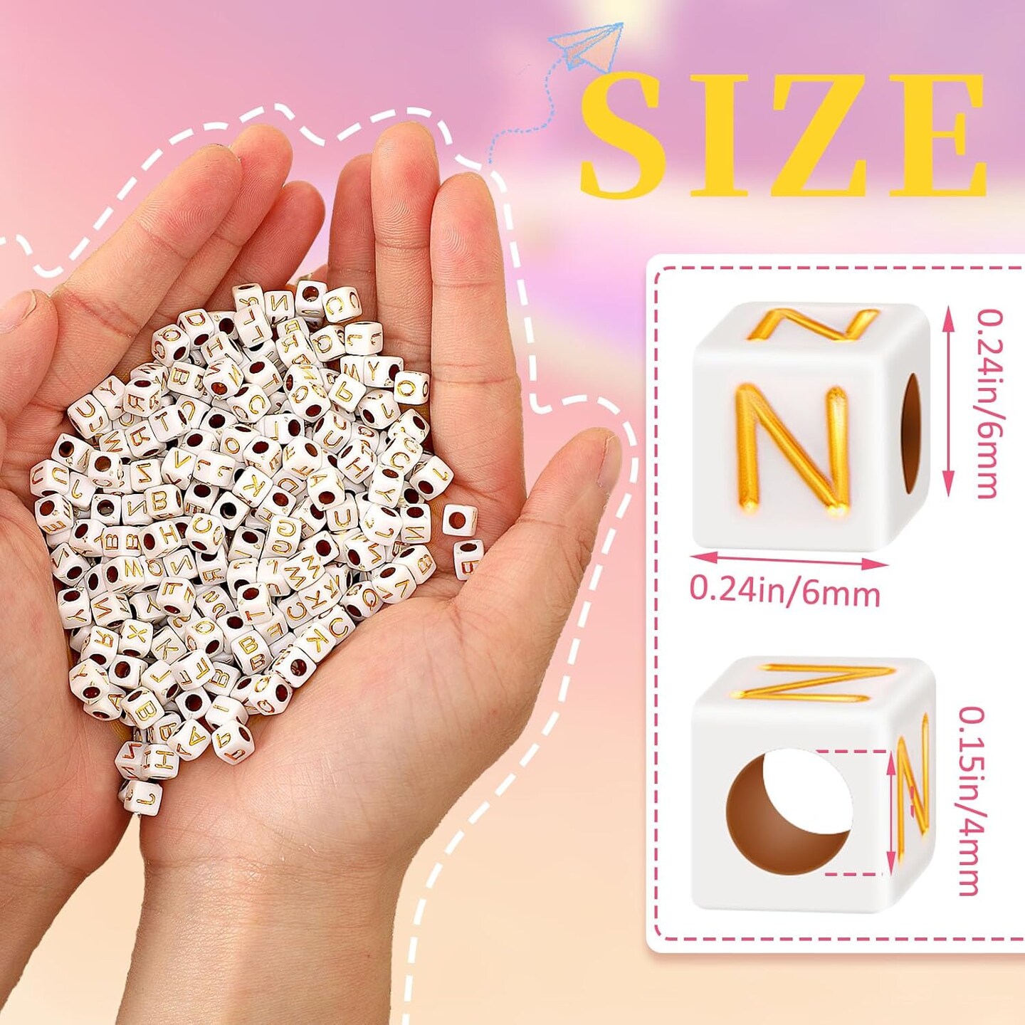 1400pcs Square Acrylic Gold Alphabet Beads A-Z Cube Letters Beads for Bracelets Necklaces Phone Lanyard Making with 1 Roll Crystal String Cord for Jewelry Making(6 m