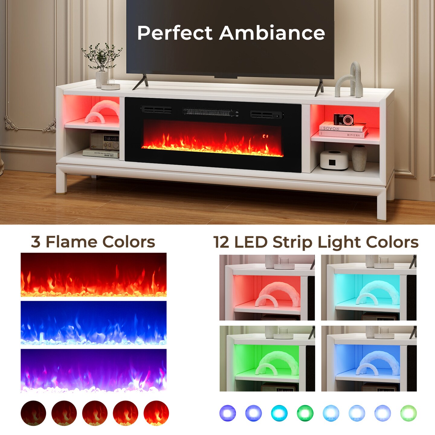 36 Inches Electric Fireplace Heater Recessed with LED Strip Lights and Remote Control