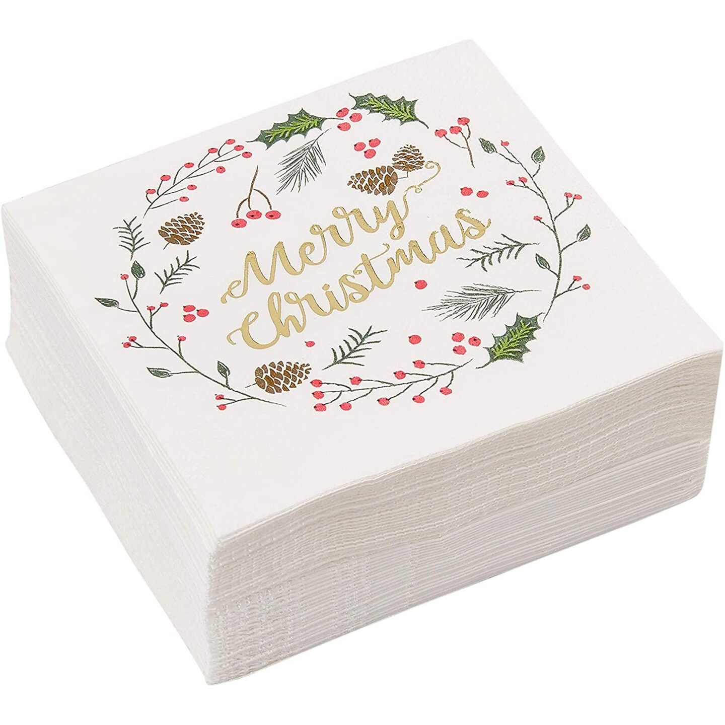 Juvale 50 Pack Merry Christmas Paper Cocktail Napkins for Holiday Party Supplies, Wreath with Gold Foil Design - 5 x 5 Inches White Napkins for Christmas Party