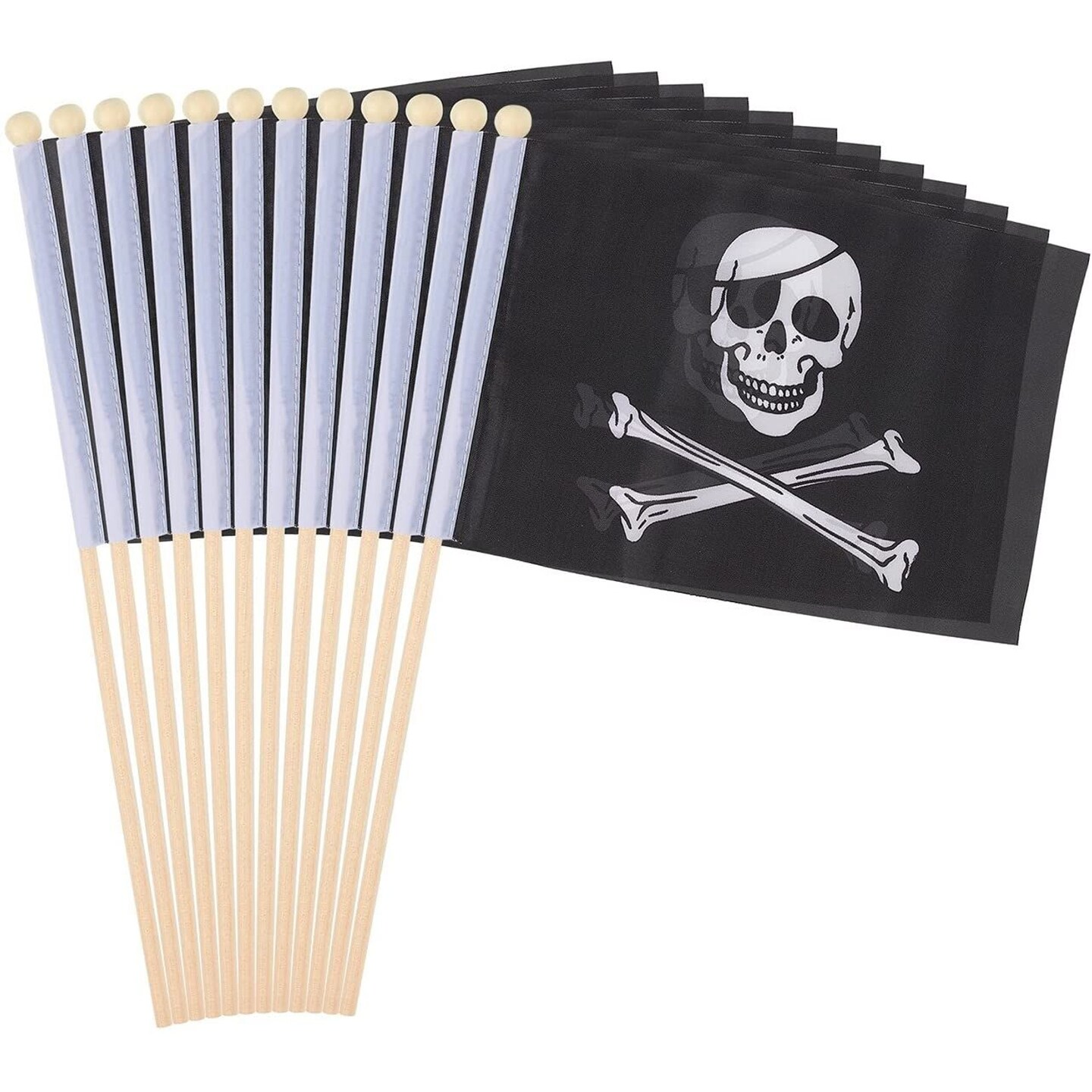 12-Piece Jolly Roger Stick Flags - Black Pirate Hand-Held Flags, Polyester Stick Flag Banners, Decorations Parties, Parades Festivals, 5.5 X 8.3 inches