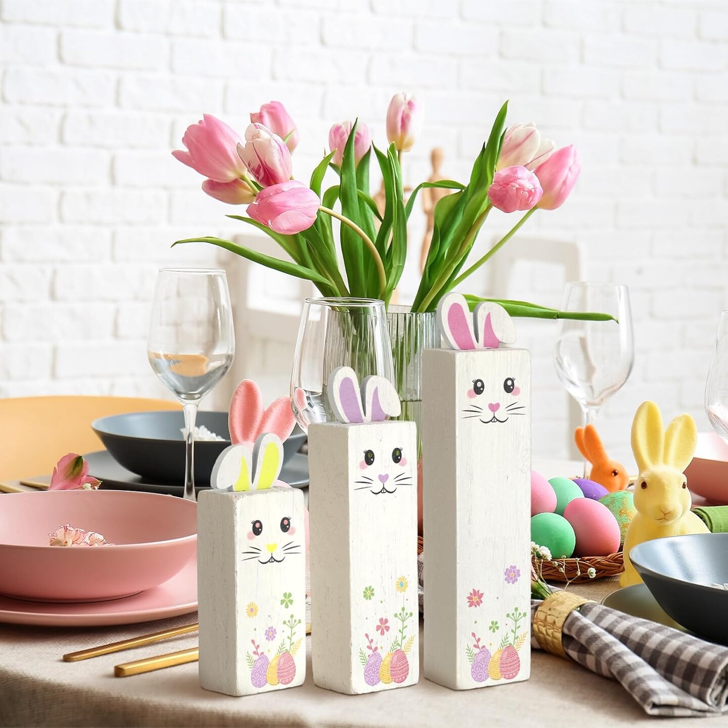 3 Pcs Spring Wooden Table Decor Easter Tiered Tray Decor Easter Bunny Tabletop