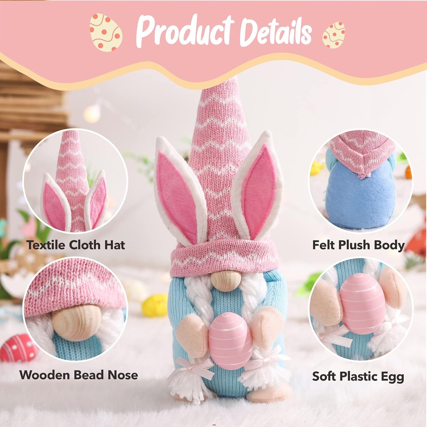 Easter Gnomes Plush Decoration, 3 PCS Spring Bunny Dolls with Egg Handmade