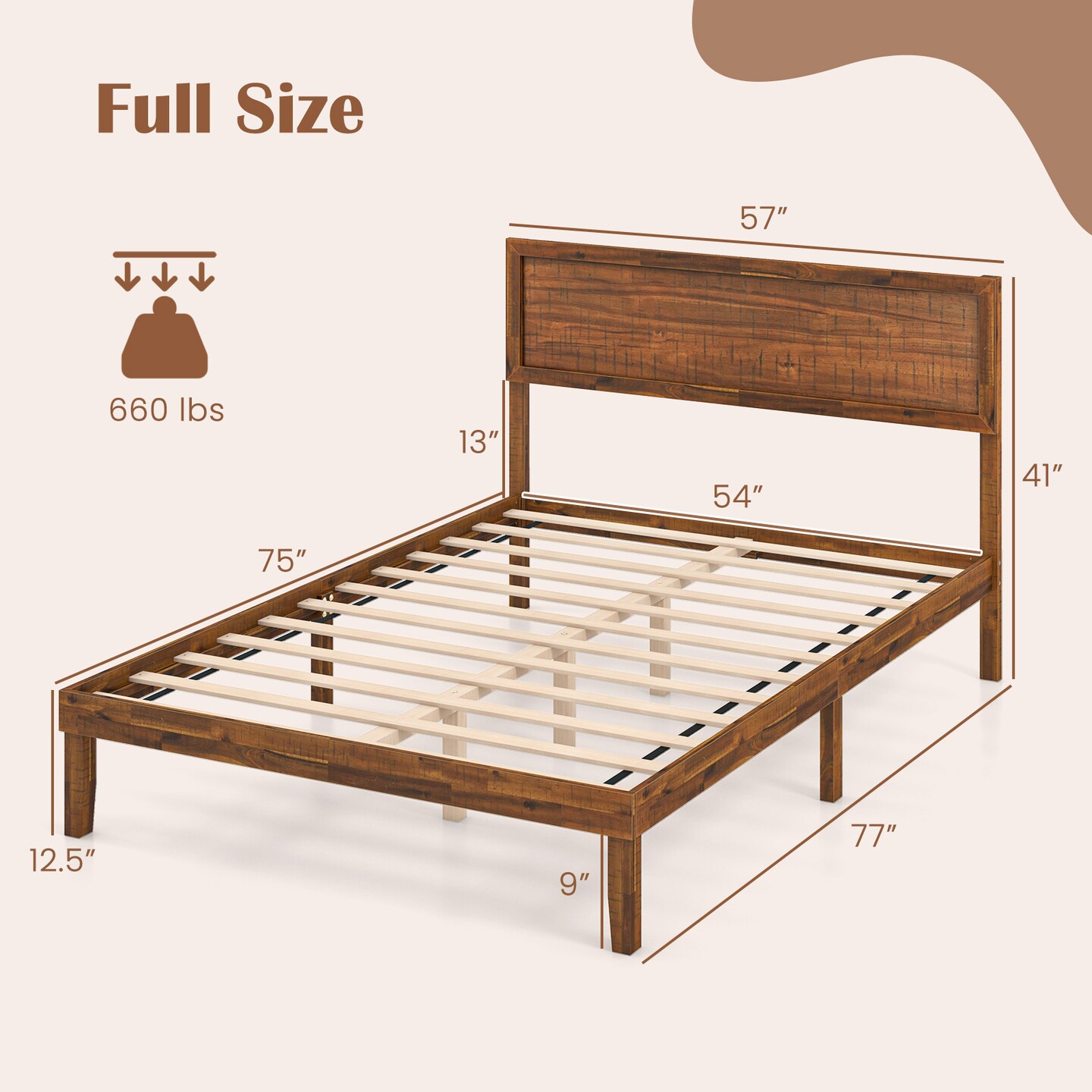 Bed Frame with Headboard and Wooden Slats Support