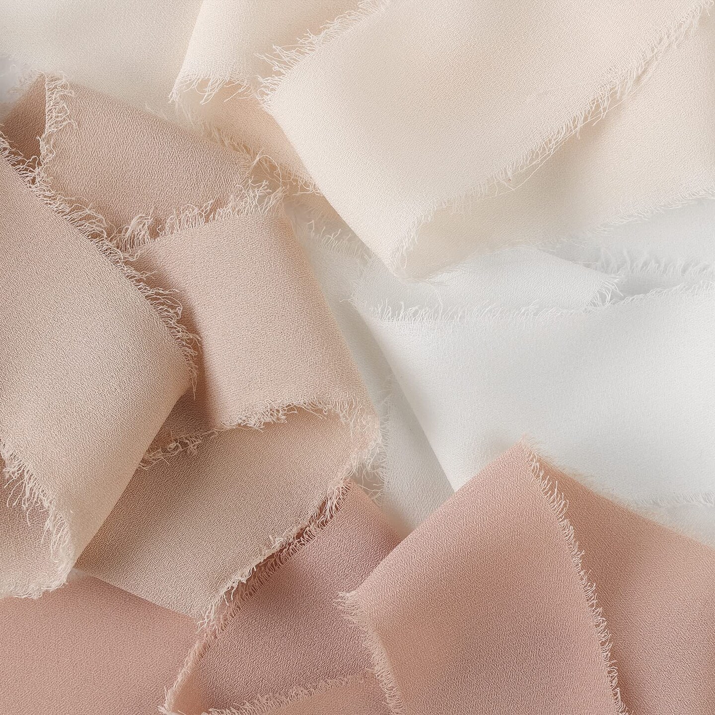 Pieaary Handmade Fringe Chiffon Silk Ribbon 4 Rolls/1" x 5Yd Per Roll,Nude & Cream Frayed Edges Ribbons Set (1"x20Yd, Nude&Cream)