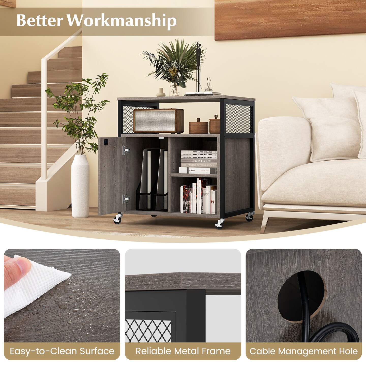 File Cabinet on Wheels with Charging Station and Cable Management Hole