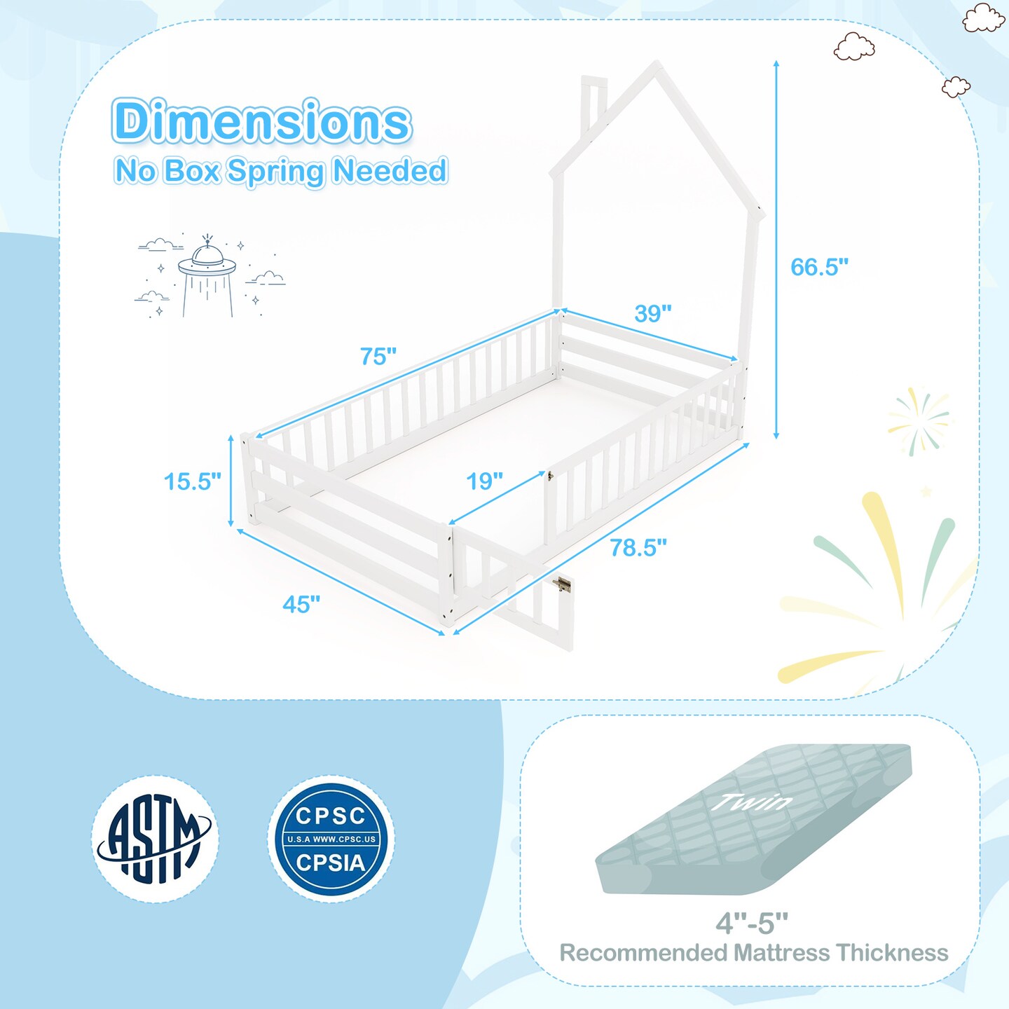 Wooden Twin Size Montessori Floor Bed with Lockable Door Guardrails and House Shape Design