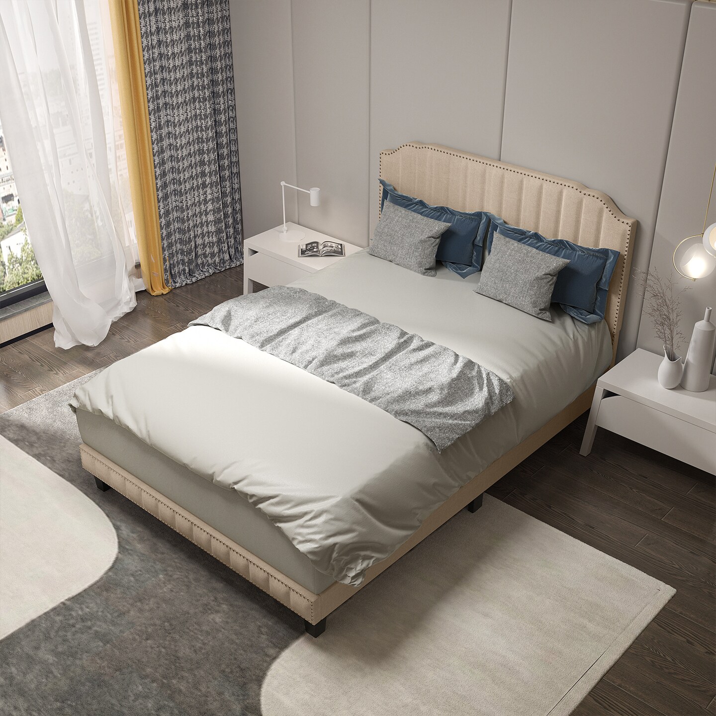 Metal Heavy Duty Upholstered Bed Frame with Rivet Headboard and Sturdy Support