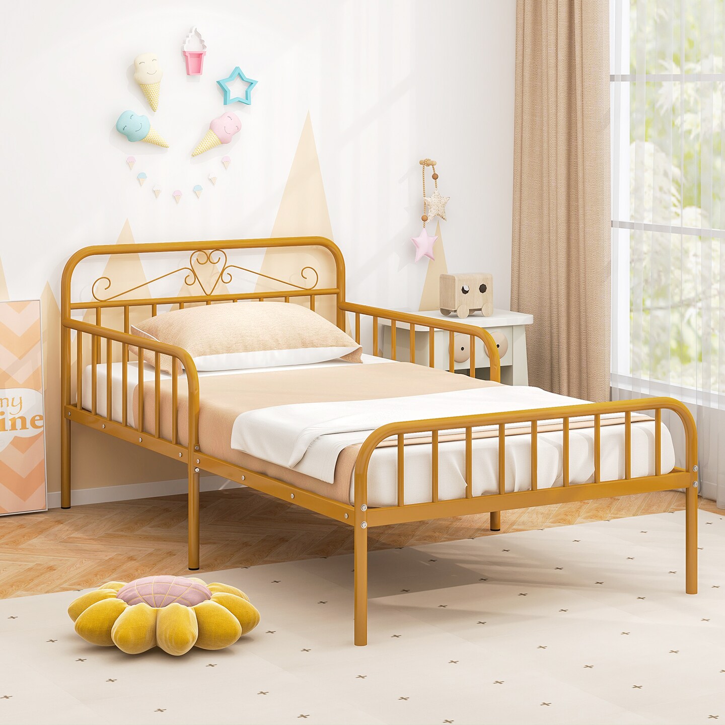 Twin Size Metal Bed Frame with Headboard Included Safety Side Guardrails