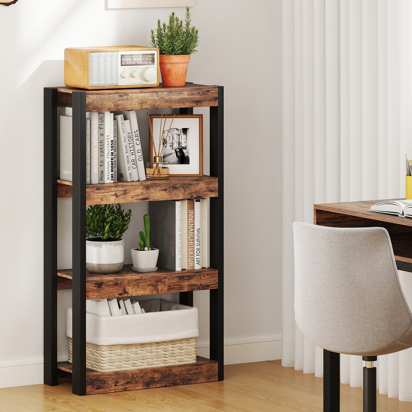 4 Tier Bookshelf Wooden Bookcase with Dual Anti-Tipping Kits Perfect for Living Rooms, Bedrooms Or Studies
