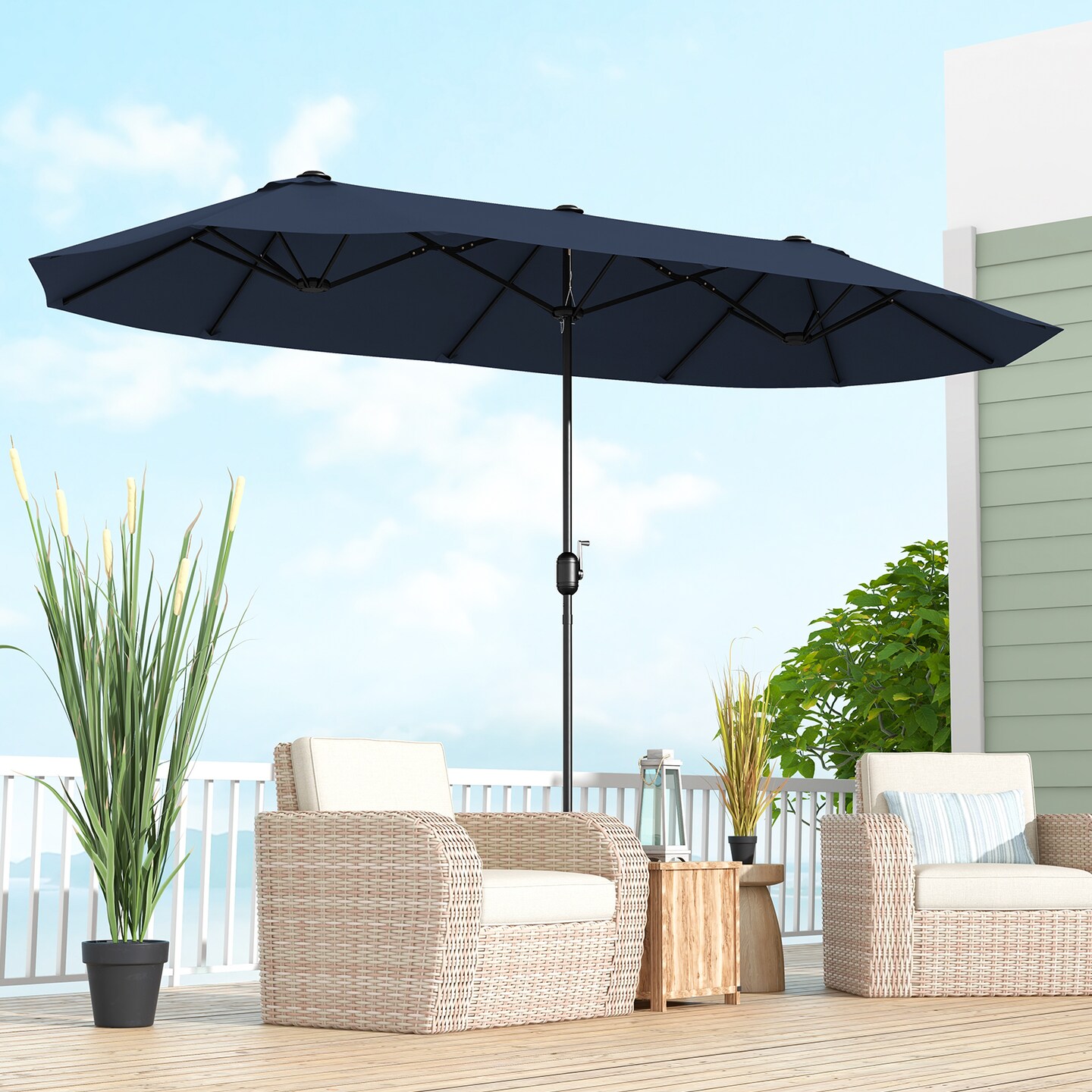 Polyester 13 Feet Double-Sided Patio Twin Table Umbrella with Crank Handle &#x26; UV Protection