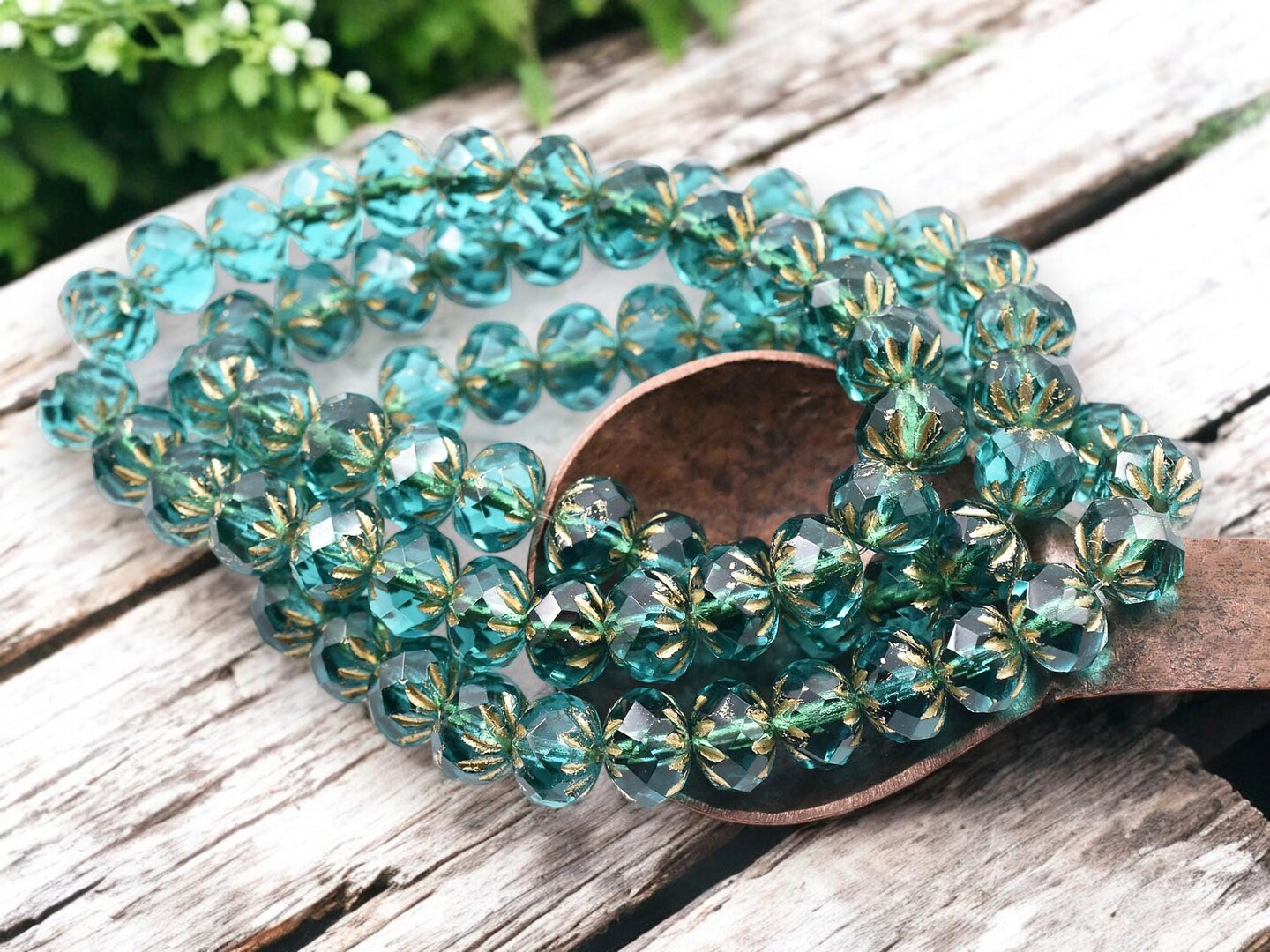 *25* 6x9mm Etched Gold Washed Matte Teal Cruller Rondelle Beads