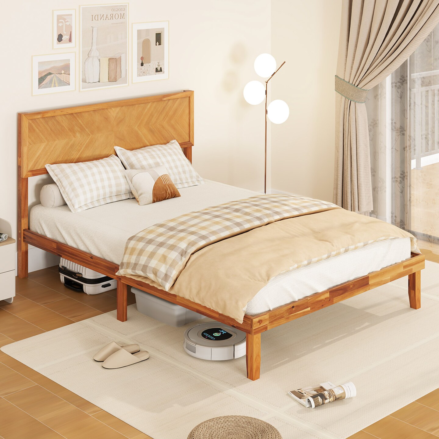 Rustic Golden Brown Acacia Wood MDF Platform Bed Frame with Headboard and Under-Bed Storage