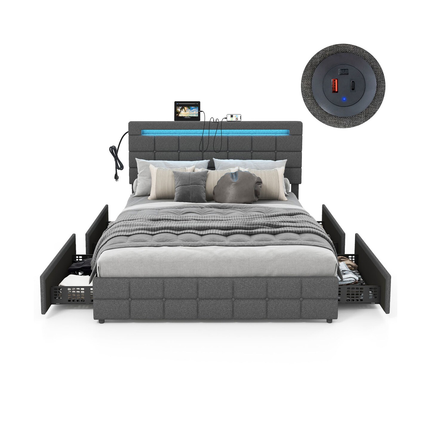 Grey Velvet Upholstered LED Bed Frame with Headboard and Storage Drawers