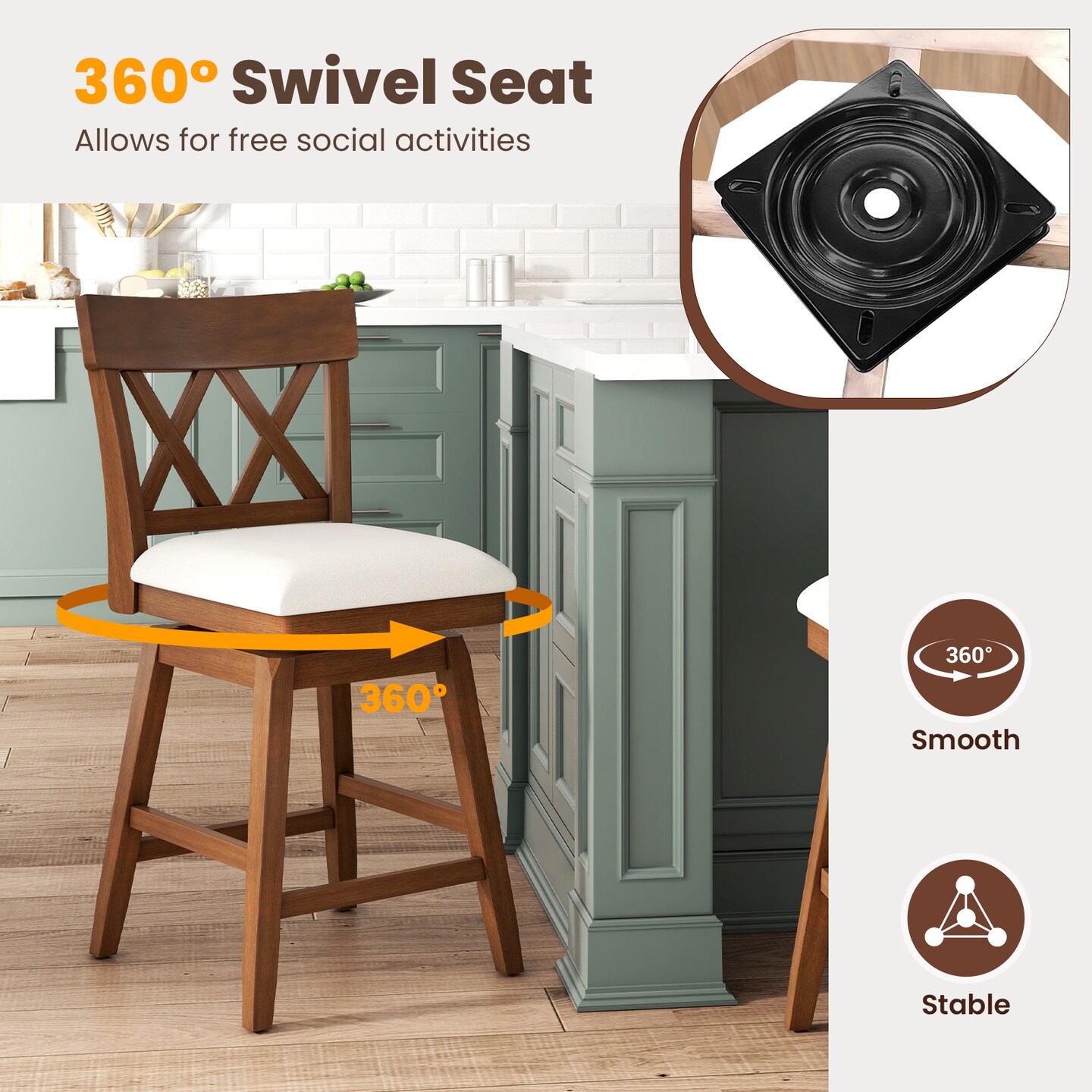 26 Inch Bar Stool with Contoured Backrest, Swivel Padded Seat, Adjustable Height